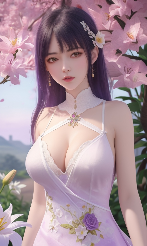(,1girl, ,best quality, ),looking at viewer, <lora:418-DA-百炼成神-莫雨馨:0.8> ,ultra detailed 8k cg,ultra detailed background,ultra realistic 8k cg,1girl, solo,(bare shoulders:0.85),(masterpiece, best quality),((oil painting style)),sexy young lady,(beautiful face and eyes),(upper body:1.5),(whole body:1.05),(single person:1.2),surrounded by flowers, (lily), roses, floret, vegetation, white, purple, purplish pink,Impressionism,colorful,(Breast size:1.3),(cleavage), 1girl, , , depth_of_field, solo, , ,