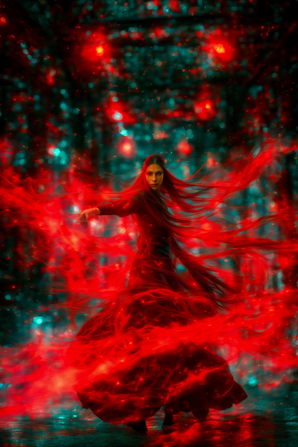 dancing,fighting stance,red-aura,using red-magic,red-magic,1girl,solo,long hair,blue eyes,common face,full body,<lora:magic_fighting_red_512_dreamshaper_8:0.8>,