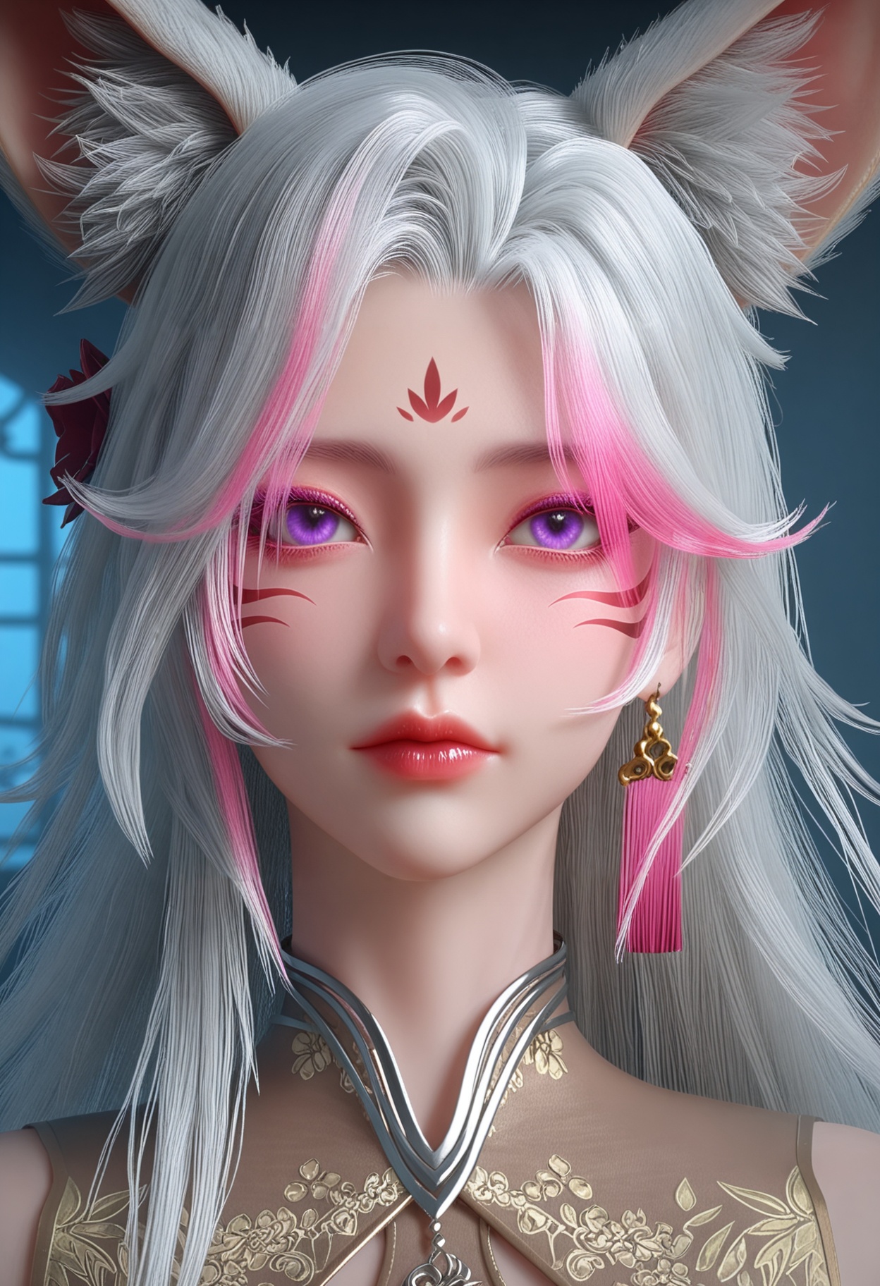 (upper_body:1.2),(looking at viewer:1.1),facing viewer,direct gaze,(masterpiece:1.1),(best quality:1.2),(intricate details),(smog:1.3),(Dark room:1.3),(dim lighting:1.3),peach blossom,falling petals,<lora:YQ_Illustrious光辉v5_小狸_服装1_V1:0.8>,q1528437228,1girl,solo,long hair,animal ears,facial mark,purple eyes,jewelry,dress,earrings,forehead mark,hair ornament,glowing,high heels,masterpiece,(best quality),(intricate details:0.9) BREAK (intricate details:0.9),(realistic skin:1.2),masterpiece,best quality,newest,absurdres,hiahres,
