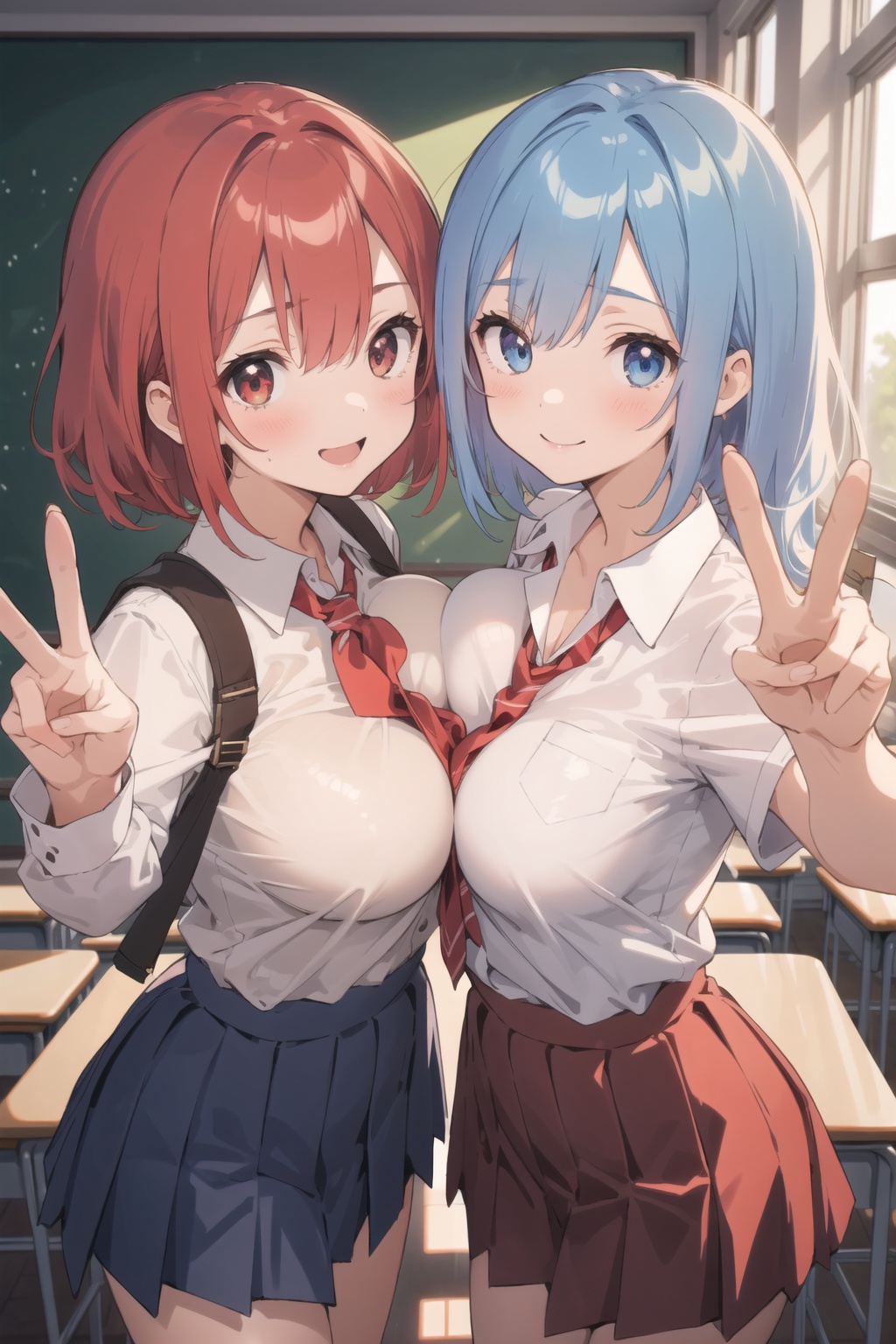 2girls,  peace sign,  school uniform on Tensor.Art
