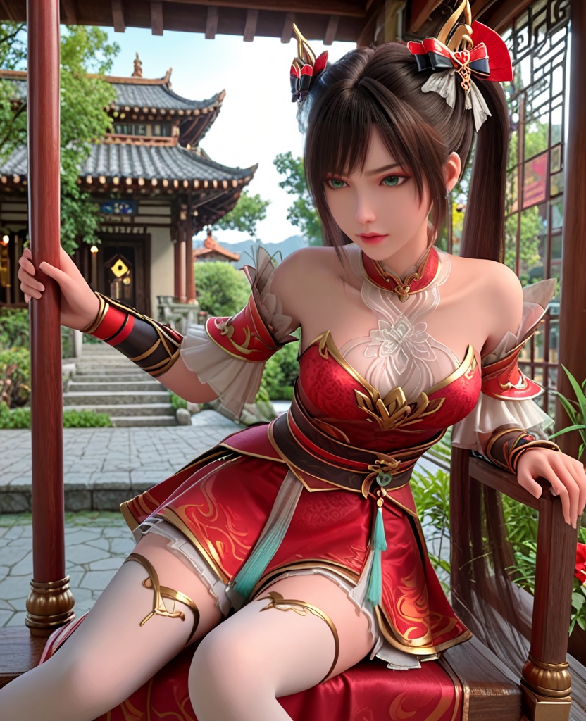 (oriental architecture, elegant decor, sophisticated style:1.1),(Sitting on a swing, leaning forward, showing playfulness and joy,:1.1),(breasts:1.2),<lora:XL神墓楚钰白丝:0.95>,miss chuyuhei,red minidress,green eyes,black hair,twintails,hair ornament,detached sleeves,bare shoulders,sash,detached collar,red fart curtain,bracer,jewelry,earrings,white thighhighs,, score_9,score_8_up,score_7_up,score_6_up,score_5_up,score_4_up,3d rendering,tag1,tag2, Cinematic Lighting,backlighting,