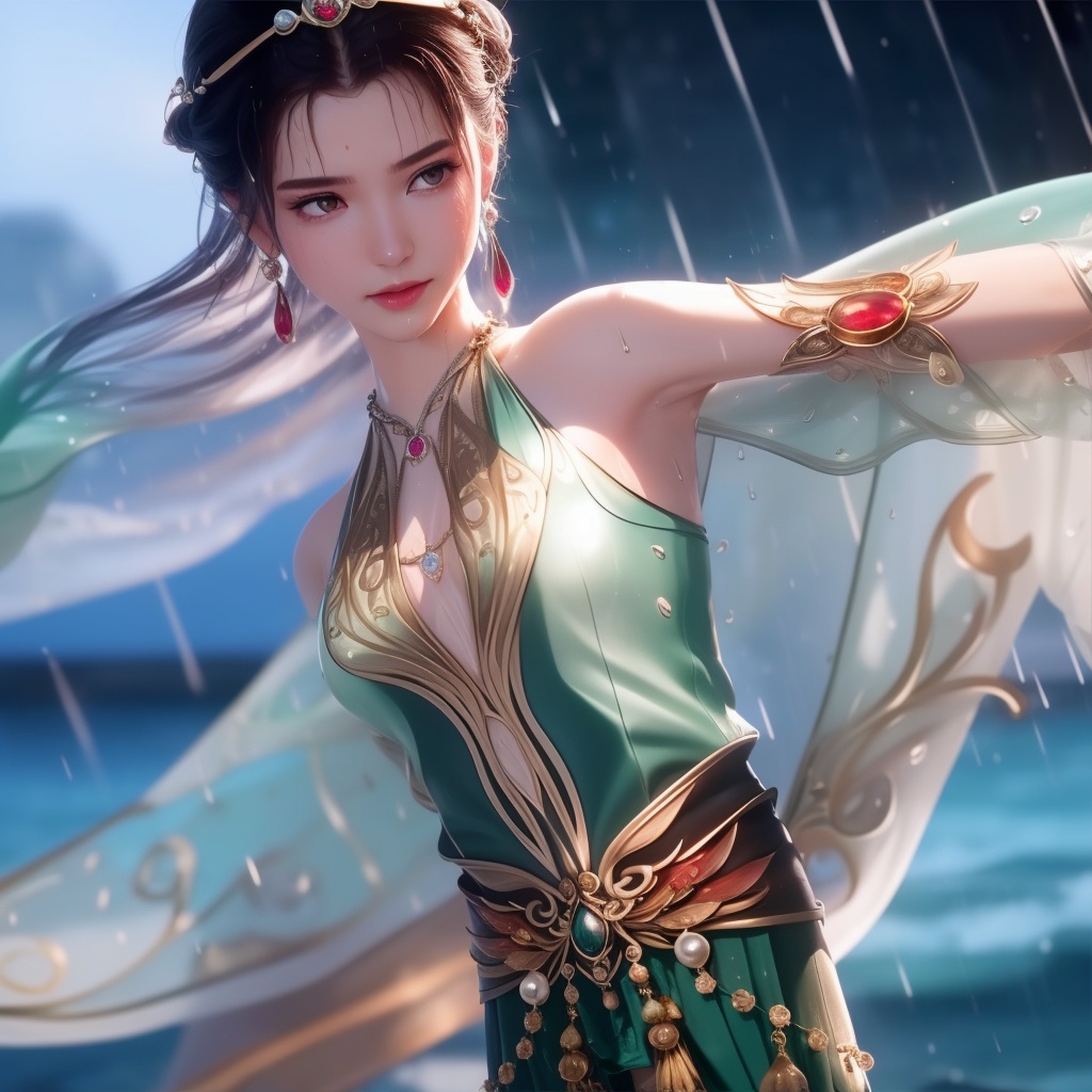<lora:715-DA-师兄啊师兄-龙吉:0.8>(,1girl, ,best quality, ),looking at viewer, ,ultra detailed 8k cg, ultra detailed background, ultra realistic 8k cg,  ,masterpiece((((1girl, solo,  , ,solo focus, wet,sweat, ocean,rain, water drop, )))) (, , sweatdrop, flying sweatdrops, sweating profusely,colorful drop \(module\), )   clean, masterpiece,     cinematic lighting, cinematic bloom,   , unreal, science fiction, luxury, jewelry, diamond, gold, pearl, gem, sapphire, ruby, emerald, intricate detail, delicate pattern, charming, alluring, seductive, erotic, enchanting, hair ornament, necklace, earrings, bracelet, armlet,halo,
