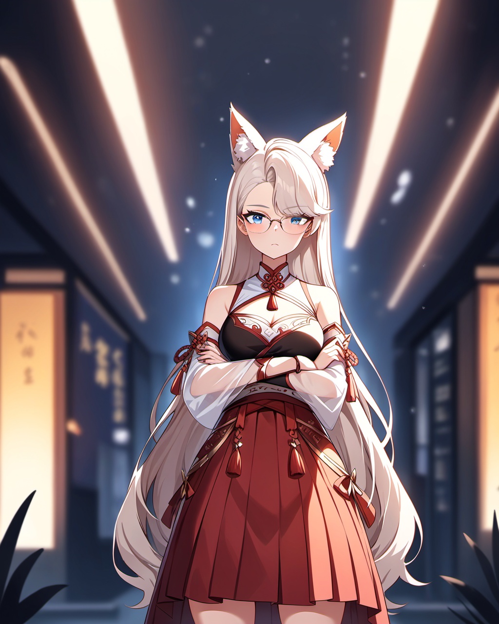 very aesthetic,aesthetic,highres absurdres,masterpiece,bestquality,higher quality,best quality,Volumetric Lighting,moody lighting,Cinematic Lighting,looking_at_viewer,blush,arms_crossed,cowboy_shot,solo,glasses,<lora:nailin-asoul-a3a:0.6>,1girl,blue eyes,long hair,asymmetrical bangs,white hair,hair behind ear,animal ears,fox ears,detached sleeves,red hakama,cleavage cutout,see-through,