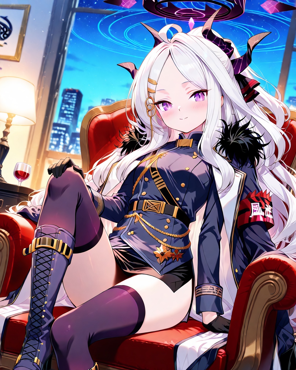 Hina (Blue Archive),O,Hina \(Blue Archive\),1girl,hina,(blue archive),solo,long hair,horns,halo,white hair,boots,parted bangs,thighhighs,gloves,looking at viewer,armband,purple eyes,black gloves,sitting,hair ornament,long sleeves,uniform,military uniform,bangs,skirt,fur trim,indoors,military,coat,multiple horns,knee boots,hairclip,drinking glass,black skirt,side slit,aiguillette,jacket,blush,demon horns,knee up,belt,window,ahoge,closed mouth,very long hair,cup,fur-trimmed coat,night,cross-laced footwear,chair,purple thighhighs,coat on shoulders,black footwear,black thighhighs,forehead,miniskirt,thighs,lace-up boots,pencil skirt,fur collar,sidelocks,dutch angle,night sky,double-breasted,blurry,zettai ryouiki,depth of field,buttons,purple horns,smile,purple footwear,sky,black jacket,(UHD),anatomically correct,accurate,textured skin,super detail,high details,award winning,best quality,high quality,retina,HD,16k,1080P,