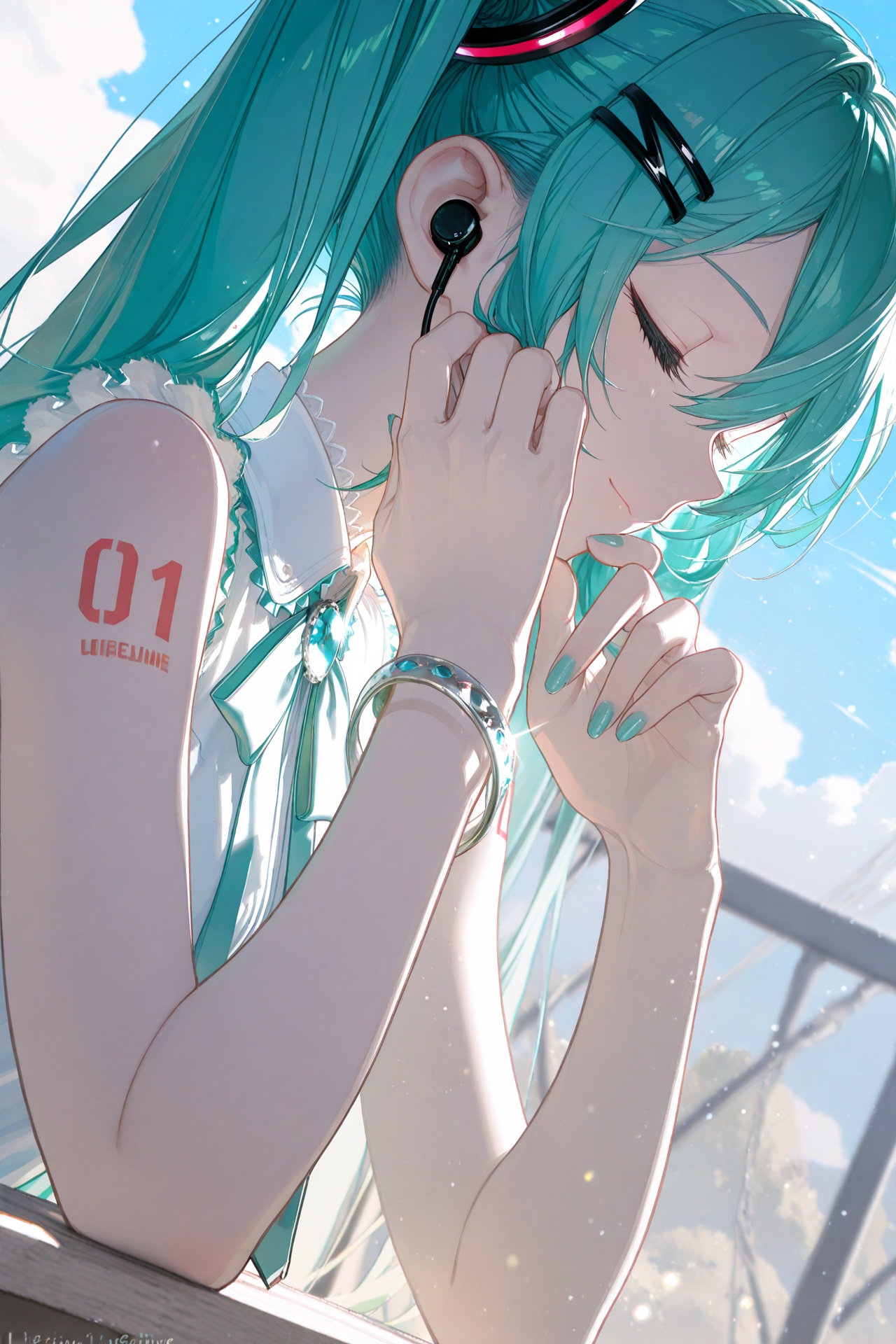 masterpiece,best quality,amazing quality,absurdres,newest,light particles,cinematic lighting,Visual impact,sharp focus,depth of field,dutch angle,scenery,rella, crypton future media, piapro, vocaloid, hatsune miku, 1girl, artist name, bare shoulders, blue hair, blue nails, blue sky, bracelet, brooch, close-up, closed eyes, closed mouth, day, earbuds, earphones, eyelashes, fingernails, frills, from side, glint, hair between eyes, hair ornament, hairclip, hand on own chin, hands up, head rest, jewelry, light particles, light smile, long eyelashes, long hair, neck ribbon, number tattoo, outdoors, product placement, profile, ribbon, shirt, shoulder tattoo, sky, sleeveless, sleeveless shirt, solo, sunlight, tattoo, twintails, upper body, web address, white ribbon, white shirt, wireless earphones, x hair ornament