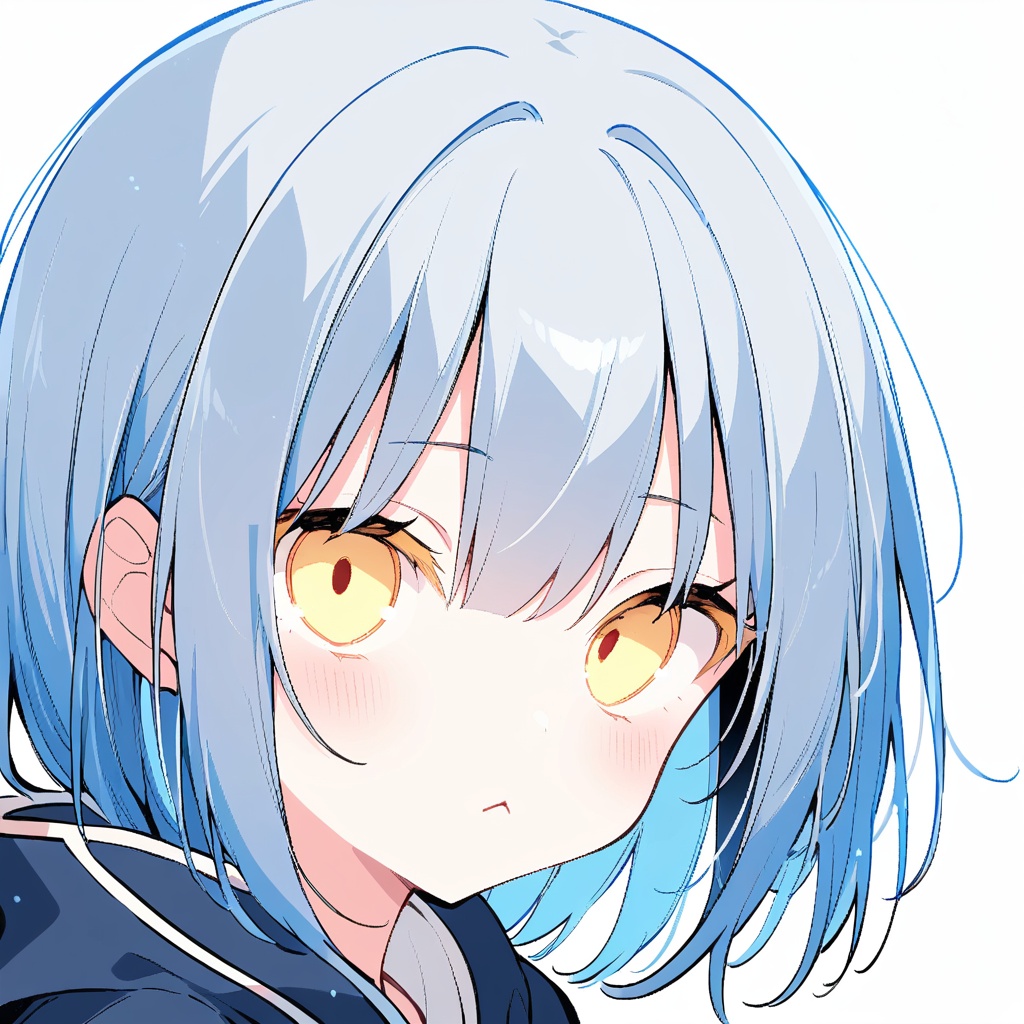 1girl,solo,yellow eyes,looking at viewer,:<,bangs,close-up,blue hair,peeking out,empty eyes,portrait,white background,simple background,grey hair,closed mouth,