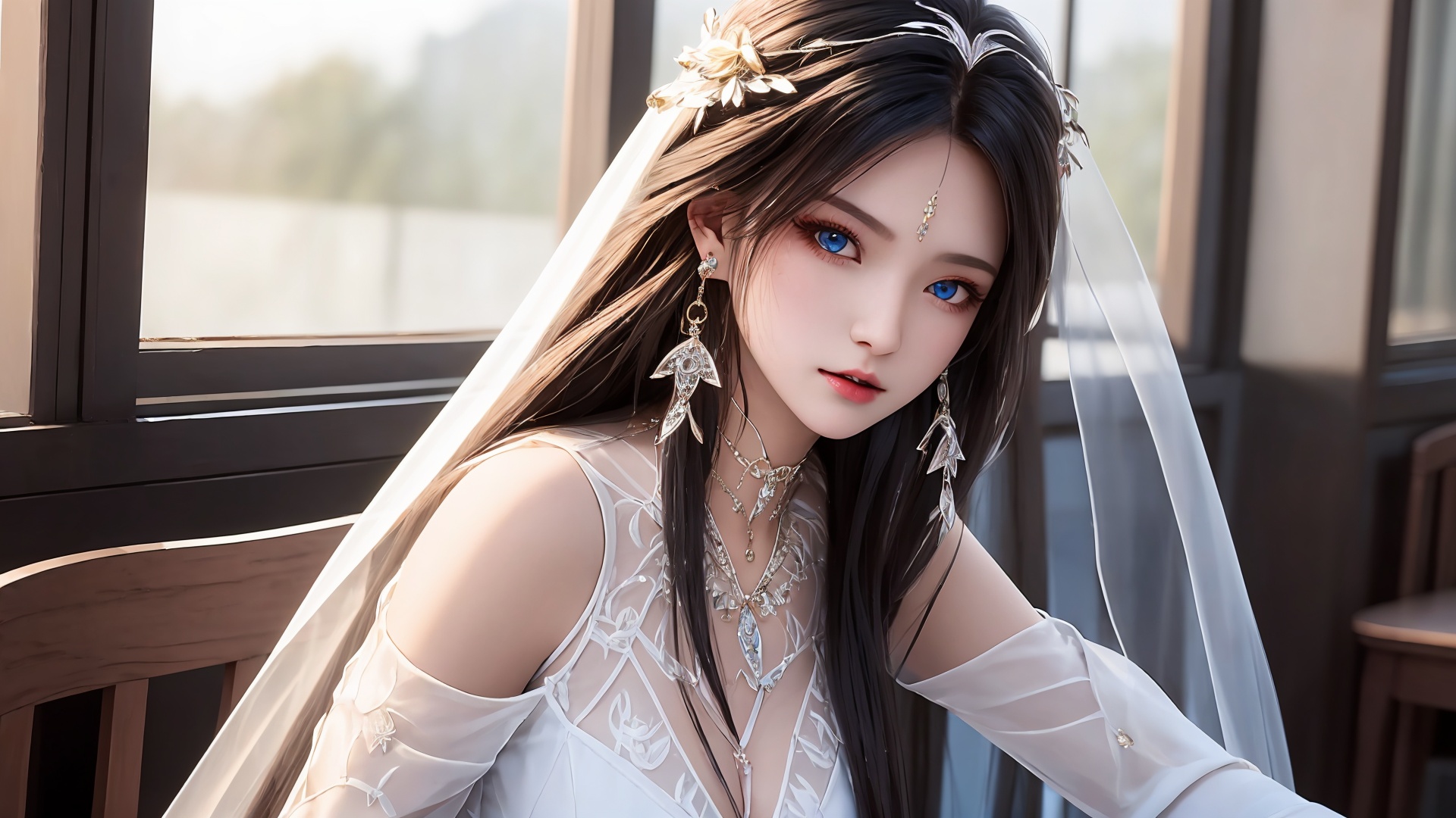 1girl,jewelry,solo,black hair,long hair,earrings,dress,upper body,white dress,veil,indoors,necklace,hair ornament,table,window,looking at viewer,closed mouth,blue eyes,<lora:girl solo luxueqi_20240911015355:0.6>,<lora:SD1.5泛光调节_v1.0:0.5>,