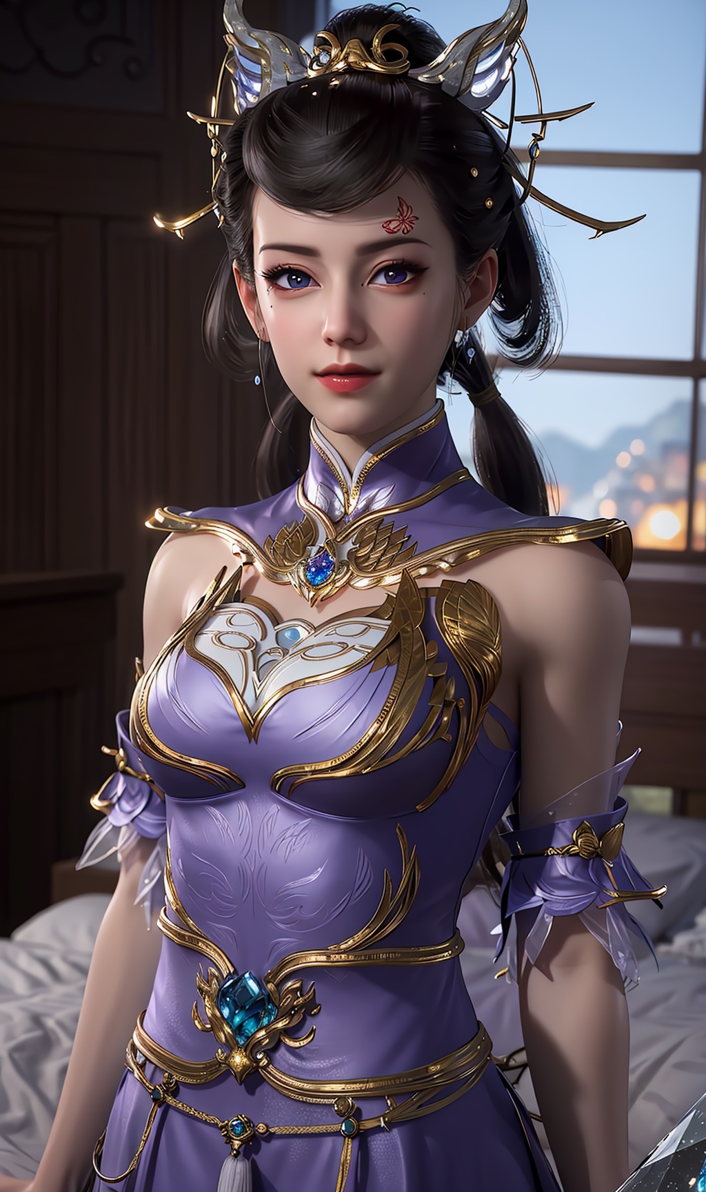 masterpiece,(best quality),3d,official art, extremely detailed cg 8k wallpaper,((crystalstexture skin)), (extremely delicate and beautiful),highly detailed,1girl,solo,long hair,headwear,(standing),(black_hair),((dress,skirt)),, (chinese_clothes),((upper body)),sweet smile, (medium breasts),((hair_ornament)),(sunshine, indoor,(bed)),((looking_at_viewer)),((Facing the camera)),, <lora:hipoly3DModelLora_v10:0.3>