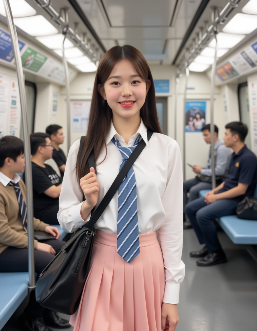 The image is a high-resolution photograph,A photograph of an girl with fair skin,standing on a subway train. She has straight long hair,and wears a white blouse,blue and white striped tie,and a pink short pleated skirt. She was carrying a black shoulder bag,with a confident expression and a smile on her face. Other passengers are seated in the background. The subway car has metal poles and advertisements on the walls.,