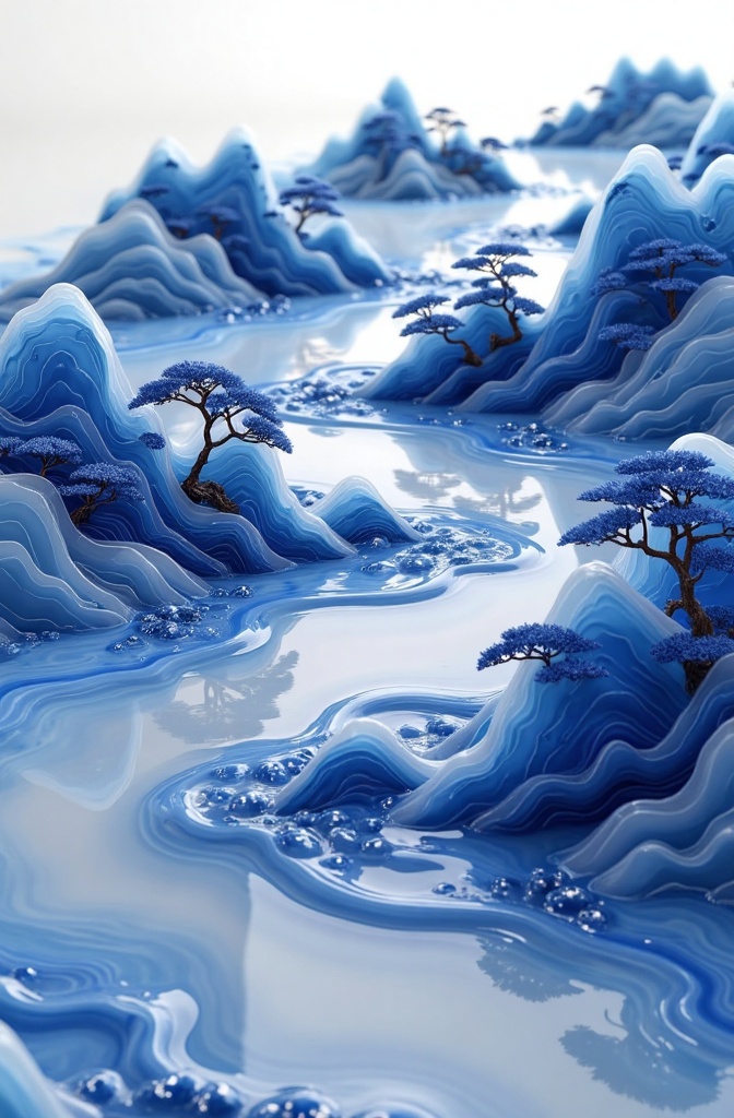 qinghua,qinghua A highly detailed CGI artwork depicting a surreal, abstract landscape with undulating blue waves and smooth, reflective surfaces. Jagged, mountain-**** formations rise from the water, adorned with sparse, stylized trees. The scene is bathed in soft, diffused light, creating a dreamlike, almost otherworldly atmosphere. The overall color palette is dominated by various shades of blue and white. 