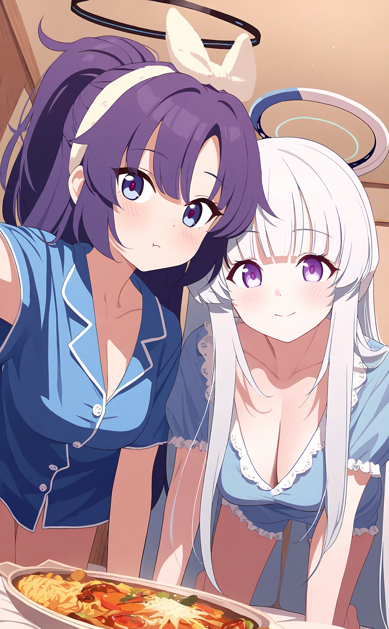 masterpiece,best quality,high quality,multiple_girls, 2girls, noa_\(blue_archive\), breasts, yuuka_\(blue_archive\), cleavage, purple_eyes, pajamas, long_hair, blue_pajamas, blush, large_breasts, closed_mouth, looking_at_viewer, purple_hair, white_hairband, grey_hair, smile, blue_eyes, mechanical_halo, long_sleeves, selfie, all_fours, alternate_costume, indoors, blue_shirt, short_sleeves, ponytail, barefoot, shirt, collarbone, blunt_bangs, white_hair, hairband, food, parted_bangs, blue_hair//,<lora:BA——【noob】hans:1>,