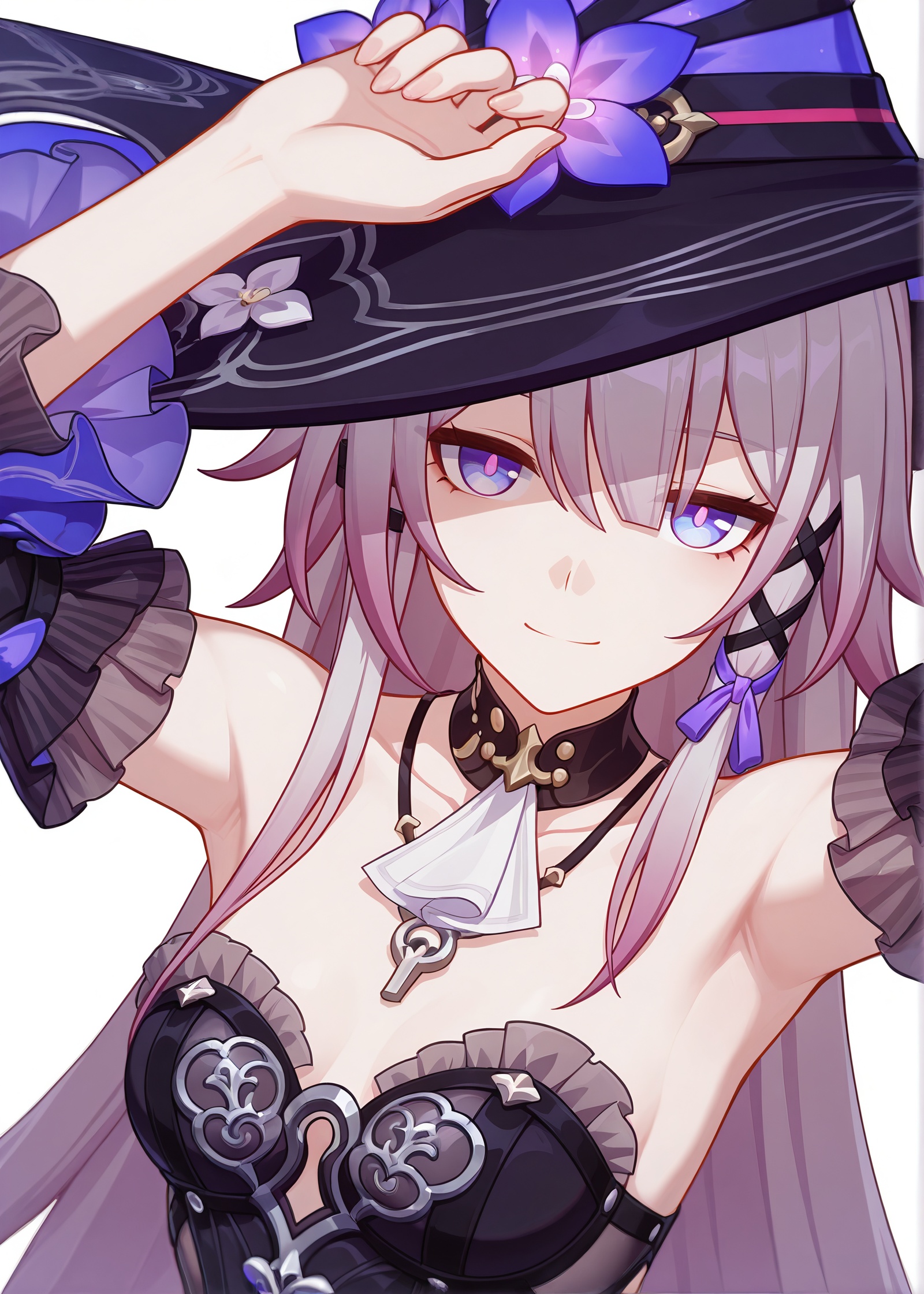<lora:大黑塔4noob:0.5>,witch,honkai_impact_3rd,small breasts, armpits,arms up,white background,looking at viewer,from above,upper body, smile,