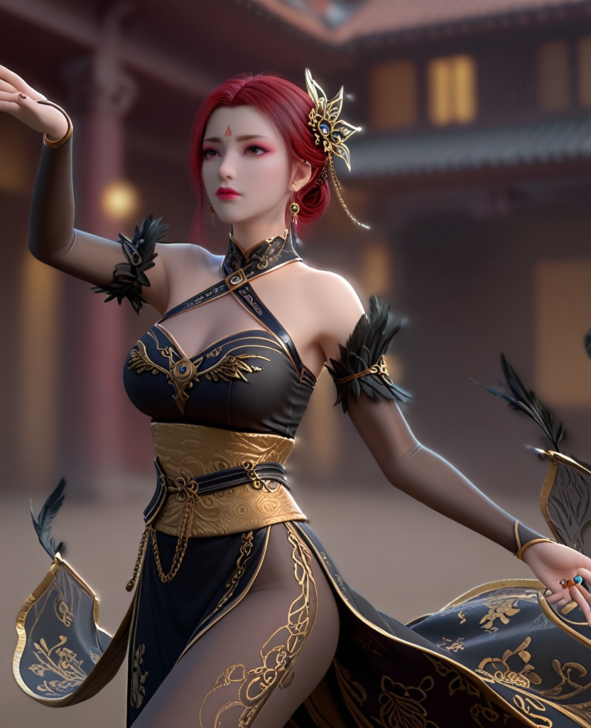 (oriental architecture, elegant decor, sophisticated style:1.1),(Jumping with arms extended and legs tucked in,:1.1),(breasts:1.2),<lora:XL斗破苍穹雅妃:0.8>,miss yafei,black halter dress,bare shoulders,red eyes,red lips,red eyeshadow,feathers trim,forehead mark,red hair,single hair bun,hair ornament,earrings,mesh of cleavage,sash,large breasts,makeup,black bridal gauntlets,floral print,black pantyhose,, score_9,score_8_up,score_7_up,score_6_up,score_5_up,score_4_up,3d rendering,tag1,tag2, Cinematic Lighting,backlighting,