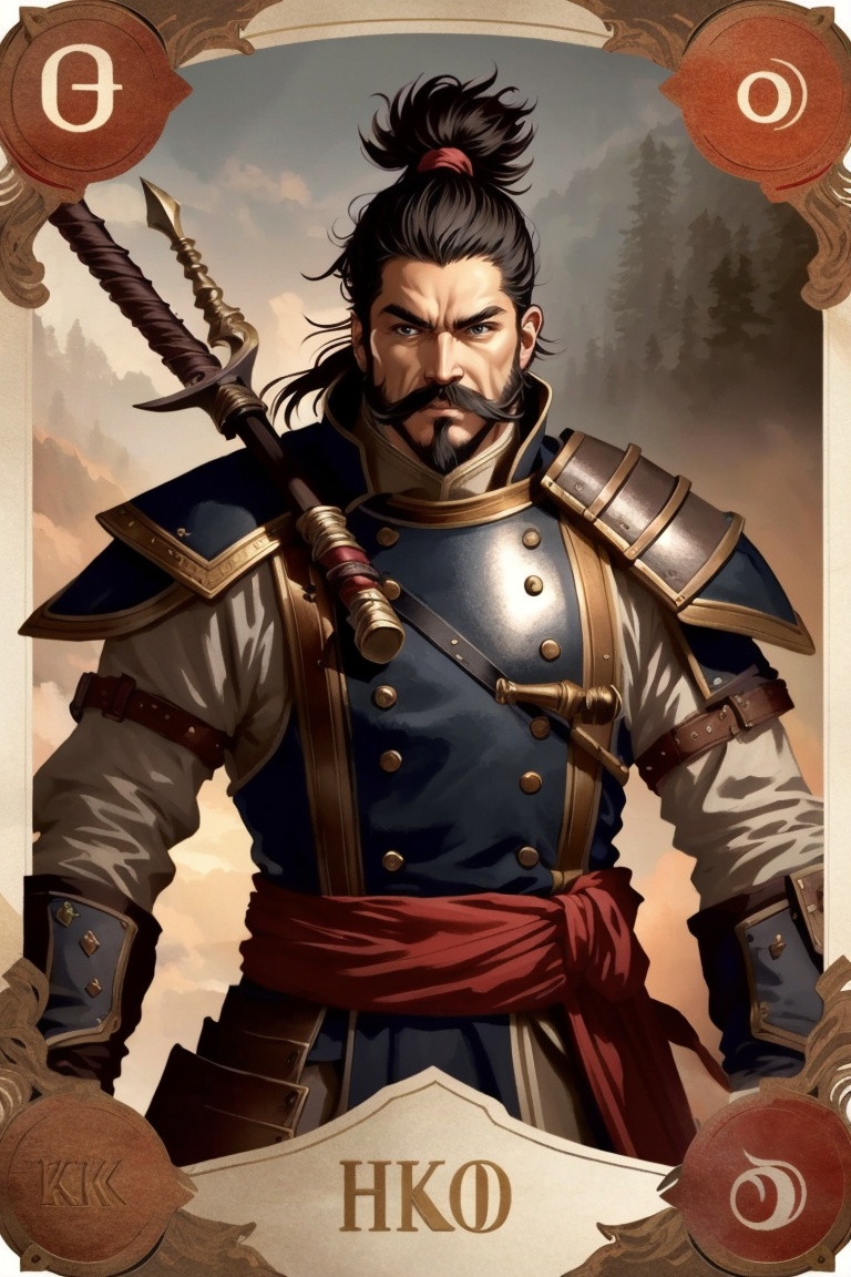 ((HRD, HUD, 8K)),((masterpiece, best quality)), highly detailed, soft light,Card, 1boy, male focus, solo, armor, weapon, facial hair, polearm, beard, black hair, ponytail, spear, holding, mustache, manly, <lora:20240528-1716881484728:0.8>