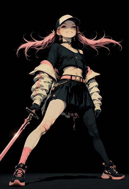 masterpiece, detailed_eyes, high_quality, best_quality, highres, absurdres, 8k, subject_focus, depth_of_field, flat color,, girl shouldering a large sword, 1girl, standing pose, weapon, sword, solo, hat, jacket, long hair, holding sword, earrings, gloves, jewelry, looking at viewer, baseball cap, blue eyes, dynamic pose, foreshortening , detailed shadows, cinematic lighting, sango, aacoral, multicolored hair, pink hair, twintails, hair ornament, bandaid, black eyes, smile, fang, choker, off shoulder, black shirt, long sleeves, sleeves past wrists, midriff, belt, black skirt, asymmetrical legwear, single leg pantyhose, high angle. side viewsinozick style, flat color, dark theme, in the style of cksc, illustration, masterpiece, (extremely detailed CG 8k), (very fine 8K CG), (ultra detailed perfect piece:1.2), lat color, no lineart,,(no lineart, flat art style:1.0), NO_LINE_ART, comical, simple, <lora:Sinozick_Style_XL_Pony:0.35> <lora:NOOB_vp1_detailer_by_volnovik_v1:1> <lora:ponyv6_noobV1_2_adamW:0.9> <lora:ck-shadow-circuit-IL:1>