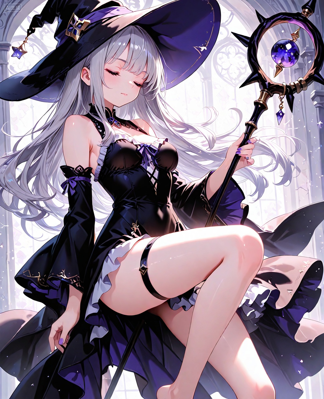 O,1girl, hat, closed eyes, solo, witch hat, long hair, breasts, barefoot, dress, detached sleeves, thigh strap, staff, bangs, holding, bare shoulders, medium breasts, witch, black dress, nail polish, purple nails, frills, closed mouth, grey hair, Negative prompt: ((nsfw)),sketches,tattoo,(beard:1.3),(EasyNegative:1.3),badhandv4,(Teeth:1.3),(worst quality:2),(low quality:2),(normal quality:2),lowers,normal quality,facing away,looking away,text,error,extradigit,fewerdigits,cropped,jpegartifacts,signature,watermark,username,blurry,skinspots,acnes,skinblemishes,badanatomy,fat,bad feet,cropped,poorly drawn hands,poorly drawn face,mutation,deformed,tilted head.bad anatomy.bad hands,extra fingers,fewer digits.,extra limbs.extra arms,extra legs,malformed limbs.fused fingers.,too many fingers,long neck,cross-eyed,mutated hands,bad body,bad proportions,gross proportions,text,error,missing fingers,missing arms,missing legs,extra digit,extra arms,extra leg,extra foot,missing fingers,nsfw,,nsfw, Steps: 25, Sampler: DPM++ 2M Karras, CFG scale: 7.0, Image CFG scale: 1.5, Seed: 1858586433, Size: 1040x1280, Model hash: 9fefdb2c24, Model: 我大多数_1.0.safetensors, Denoising strength: 0.4, Clip skip: 2, RNG: CPU, Mask blur: 4, Lora 1: 动漫二次元眼睛刻画（基础XL）, Lora Hash 1: 488bf17588, Lora Weight 1: 0.8, Lora 2: 二次元厚涂风格模型, Lora Hash 2: 571eba0c12, Lora Weight 2: 0.6, Lora 3: 二次元动漫细节加强, Lora Hash 3: 600d97257e, Lora Weight 3: 0.3, Lora 4: Xian-T手部修复lora（不用controlnet也不坏手了）, Lora Hash 4: 4ec9e988a2, Lora Weight 4: 1.0, Lora 5: 润光A, Lora Hash 5: 93bf4ab238, Lora Weight 5: 0.2, vae_name: automatic