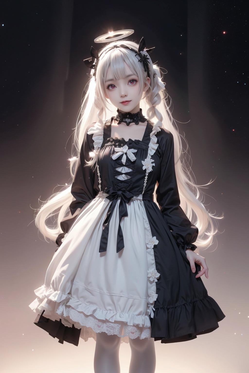 1girl,****,white hair,(gothic_lolita:1.5),lolita_hairband,stiletto_heels,(white_pantyhose:1.2),bangs,standing,white flower,no_pupils,(halo:1.2),pink eyes,ribbon,smile,incredibly absurdres,colorful,available light,starry_background,arms_behind_back,looking_at_viewer,