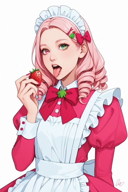 1girl, fruit, solo, food, strawberry, bow, tongue, pink_hair, juliet_sleeves, heterochromia, tongue_out, white_background, puffy_sleeves, long_sleeves, frills, green_eyes, hair_ornament, dress, red_bow, maid_headdress, simple_background, bangs, looking_at_viewer, hairclip, open_mouth, bowtie, nail_polish, hair_bow, upper_body, strawberry_print, maid, signature, apron, holding_fruit, pink_dress, pink_eyes, hand_up, pink_bow, medium_hair, drill_hair