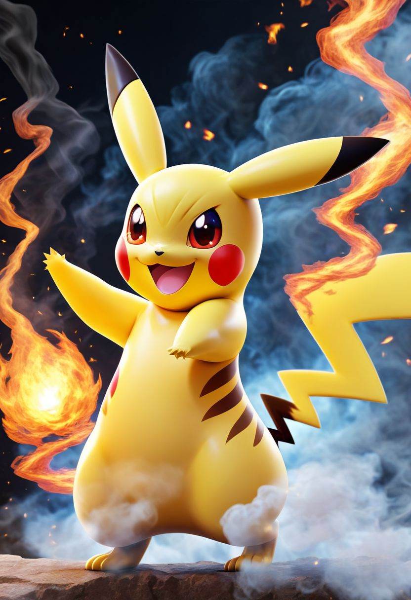 Pokemon (Pikachu), single, no human, Open mouth, standing, fire, whole body, red eyes, smoke, smile