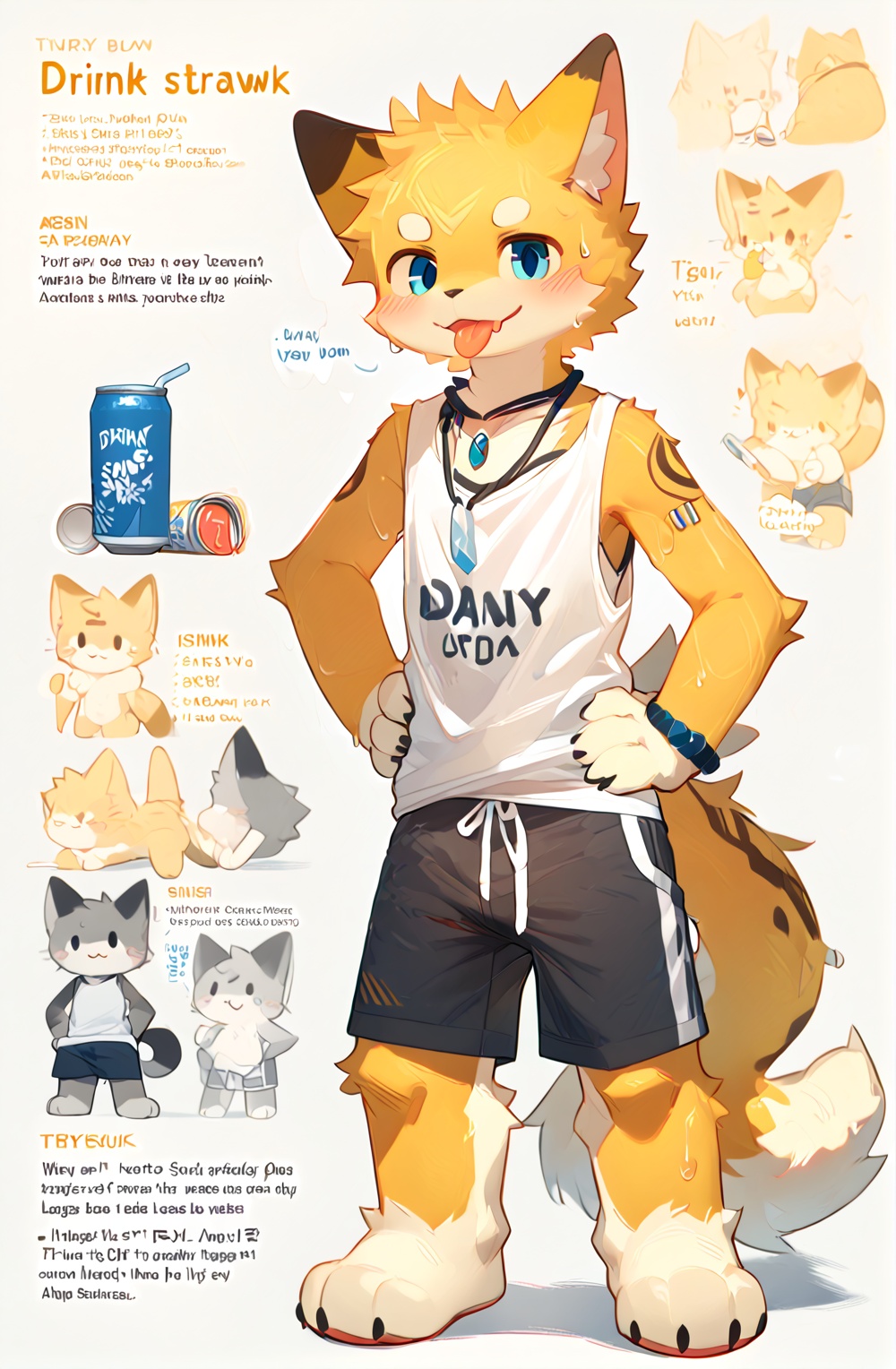 solo,1boy,furry,male focus,simple background,furry male,shorts,animal ears,hand on hip,white background,jewelry,tail,blush,necklace,**** top,full body,standing,holding,looking at viewer,drinking straw,tongue out,can,drink,:3,tongue,sweat,english text,
