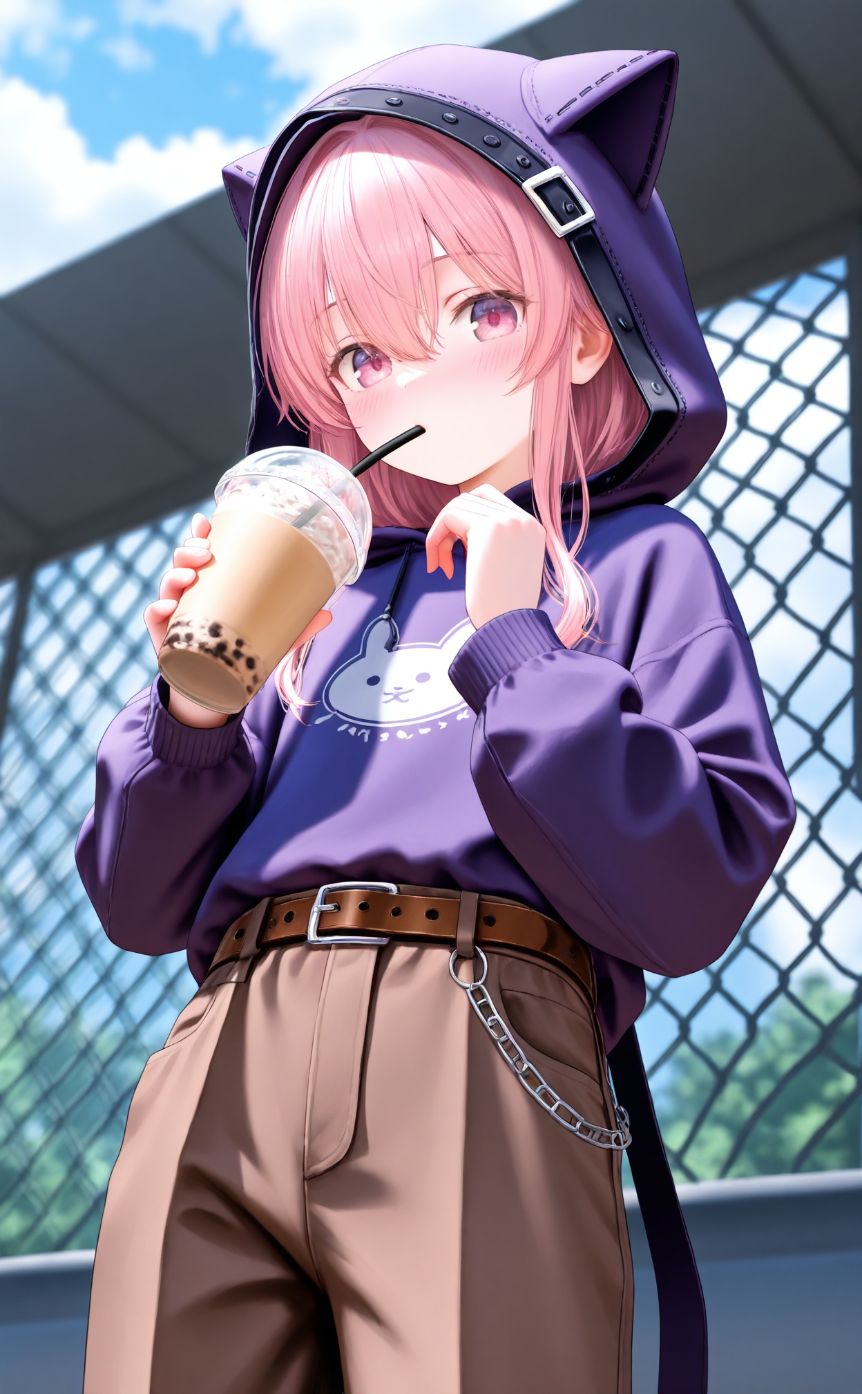 masterpiece,very aware,highres,absurdres,newest,best quality,high quality,loli,petite,chromatic_aberration,Light Blue Theme,//,1girl, hood, solo, holding, pink hair, pants, belt, hood up, outdoors, drinking straw, long sleeves, hoodie, blush, cloud, from below, cup, brown pants, sky, belt buckle, drinking, chain-link fence, holding cup, looking at viewer, hair between eyes, buckle, animal hood, disposable cup, brown belt, fence, cloudy sky, day, purple hoodie, pink eyes, purple eyes//,//,official art,depth of field,detailed light,blurry background,best shadow,shiny skin,cinematic lighting,ray tracing,amazing quality,very aesthetic,absurdres,beast quality,ultra detailed,newest,8K,HDR,