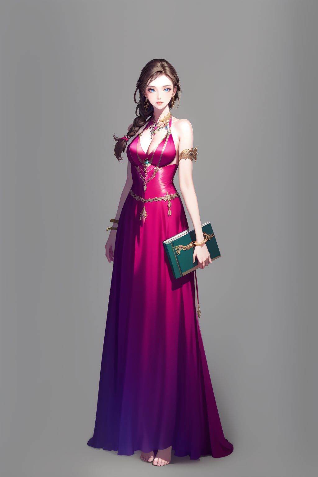 <lora:20250501_AgainGameCharacterLora:1>, 1girl, solo, dress, jewelry, blue eyes, barefoot, full body, blue dress, braid, book, brown hair, standing, breasts, long hair, grey background, holding, earrings, armlet, bracelet, bare shoulders, cleavage, holding book, simple background, sleeveless dress, hair over shoulder, medium breasts, looking at viewer, sleeveless, cleavage cutout, lips, single braid, closed mouth, clothing cutout, long dress, halterneck