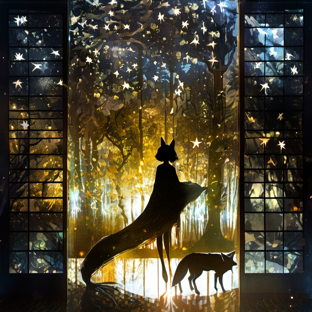 <lora:star_xl_v1:1>,The image showcases a serene and dreamlike scene set against a backdrop of a forest. A silhouette of a person, possibly a girl, stands in the center, holding a fox-like creature by its tail. The person is dressed in a long dress and appears to be gazing into the distance. The forest is illuminated by a soft, golden light, and there are various elements like leaves, branches, and possibly fireflies scattered throughout. The image is framed by a window or sliding door on the left, which has a grid pattern. The entire scene is overlaid with a myriad of abstract shapes, stars, and patterns, giving it a magical and ethereal quality., serene, dreamlike, forest, silhouette, fox-like creature, dress, gaze, grid pattern, magical, ethereal