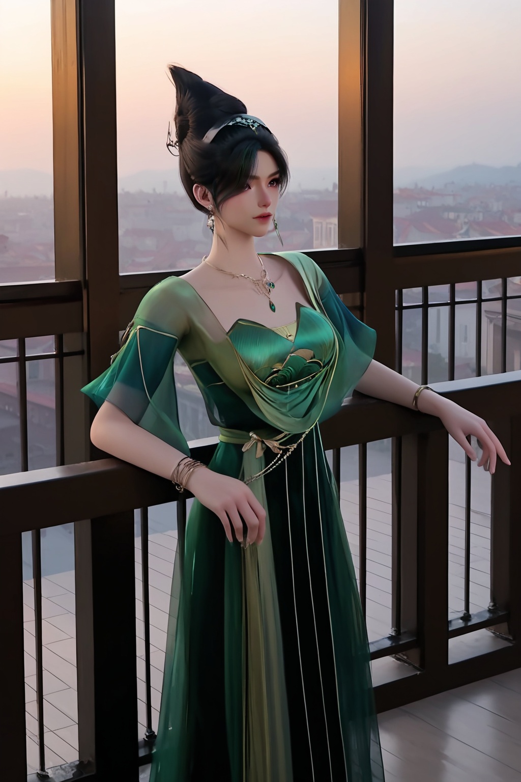 (Leaning against a wrought-iron balcony railing, she overlooks a bustling European street with a sense of allure:1.2),(looking at viewer:1.1),<lora:XL16神国之上唐雨:0.95>,miss tangyu,green corset dress,sheer overdress,brown eyes,black hair,green streaked hair,hair updo,necklace,bracelet,jewelry,(large breasts:1.2),, score_9,score_8_up,score_7_up,score_6_up,score_5_up,score_4_up,3d rendering,tag1,tag2, Cinematic Lighting,backlighting,