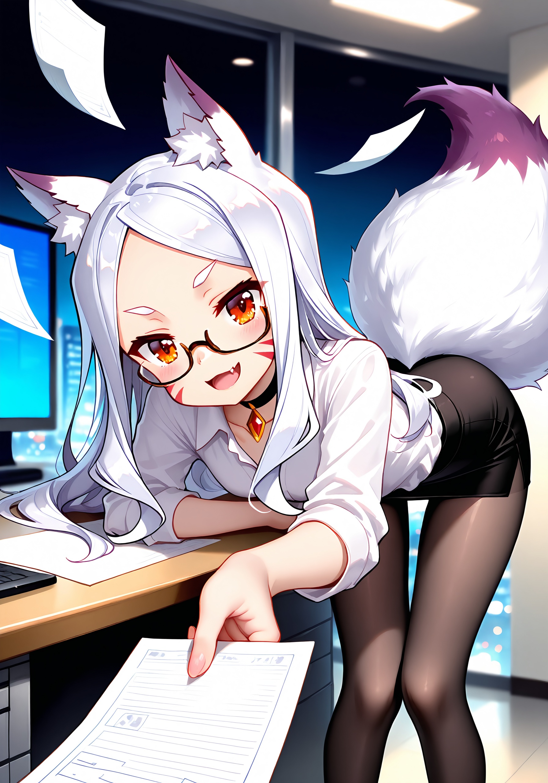masterpiece, best quality BREAK1girl, shiro \(sewayaki kitsune no senko-san\), office lady, white shirt, pencil skirt, black pantyhose, bent over, semi-rimless eyewear, head tilt, choker, thigh gap, fox tail, thick eyebrows, floating papers, large tail BREAKCute fox girl shiro \(sewayaki kitsune no senko-san\) with long white hair, red eyes and whisker markings, bending over and looking with tilted head, smug and teasing expression with visible fang and tongue. BREAK She holds paper labelled "INVOICE" in outstretched hand and shows it to viewer, leaning over a table with other . On the background a cozy office with a cityscape seen through windows slightly blurry, dark night with blue and purple hue