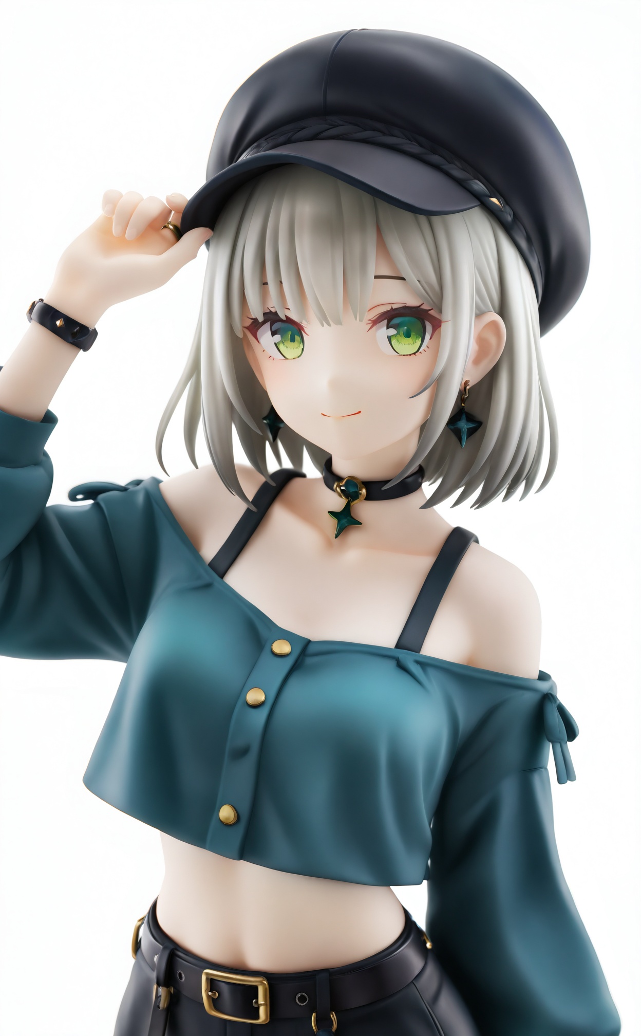 masterpiece,absurdres,best quality,high quality,chromatic_aberration,//,1girl,solo,green_eyes,jewelry,ring,hat,grey_hair,short_hair,looking_at_viewer,smile,cabbie_hat,choker,black_headwear,single_bare_shoulder,hand_on_headwear,earrings,white_background,upper_body,simple_background,collarbone,midriff,crop_top,adjusting_headwear,long_sleeves,belt,shirt,arm_up,closed_mouth,black_choker,off_shoulder,//,Cinematic Lighting,depth_of_field,pastel colors,subsurface scattering,blurry,//,<lora:PVC8——【CKXL】hans:0.75>,