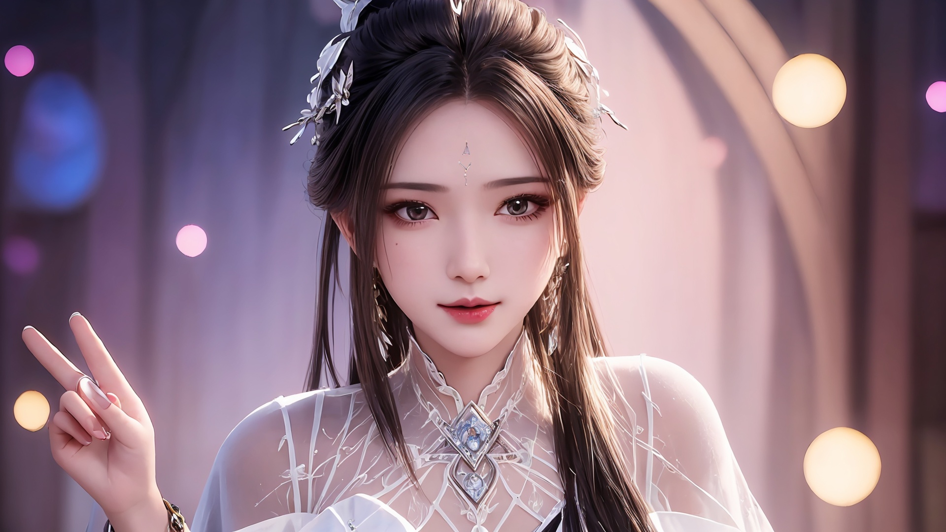 1girl,hair ornament,long hair,forehead mark,solo,black hair,facial mark,upper body,index finger raised,dress,looking at viewer,jewelry,white dress,hair bun,blurry background,<lora:girl solo luxueqi_20240911015355:0.7>,<lora:【面部细节优化】拒绝一眼Ai暖白美颜滤镜-冷白皮美颜去油腻_v1.0:0.6>,