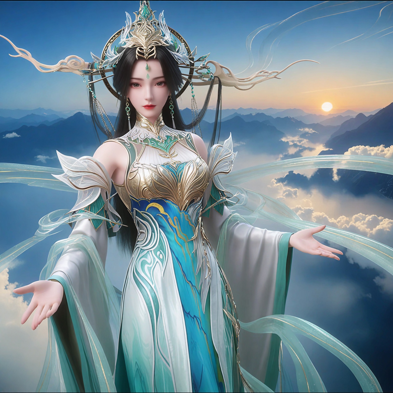 masterpiece,best quality,perfect anatomy,very aesthetic,8k,above the clouds wonder pose,panoramic view,ethereal atmosphere,<lora:YQ_li光辉v5_柳神无敌道_V4:0.8>,1girl,q1528437228,solo,hair ornament,long hair,black hair,dress,jewelry,earrings,forehead mark,chinese clothes,facial mark,white dress,bare shoulders,green dress,long sleeves,detached sleeves,brown hair,