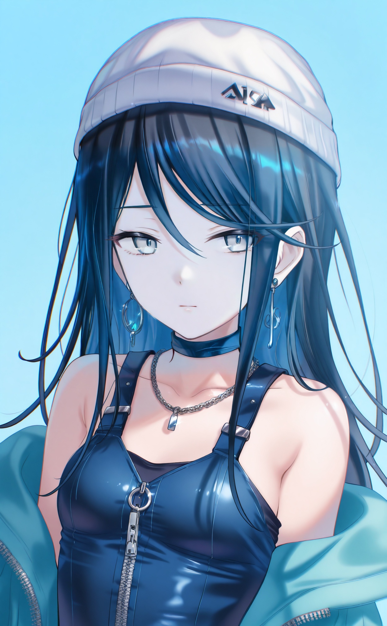 masterpiece,absurdres,best quality,high quality,chromatic_aberration,//,1girl,solo,jewelry,black_hair,long_hair,jacket,hat,necklace,beanie,off_shoulder,earrings,choker,breasts,closed_mouth,upper_body,zipper,collarbone,simple_background,blue_background,bare_shoulders,looking_at_viewer,open_jacket,white_headwear,drop_shadow,expressionless,shadow,blue_choker,small_breasts,open_clothes,aqua_background,piercing,ear_piercing,partially_unzipped,blue_theme,chain_necklace,zipper_pull_tab,blue_jacket,sideways_glance,hair_between_eyes,light_blue_background,sidelocks,chromatic_aberration,blue_eyes,sleeveless,armpit_crease,white_jacket,aqua_jacket,dress,swept_bangs,jacket_partially_removed,tsurime,grey_eyes,straight_hair,//,//,<lora:timmoo——【CKXL】hans:1>,