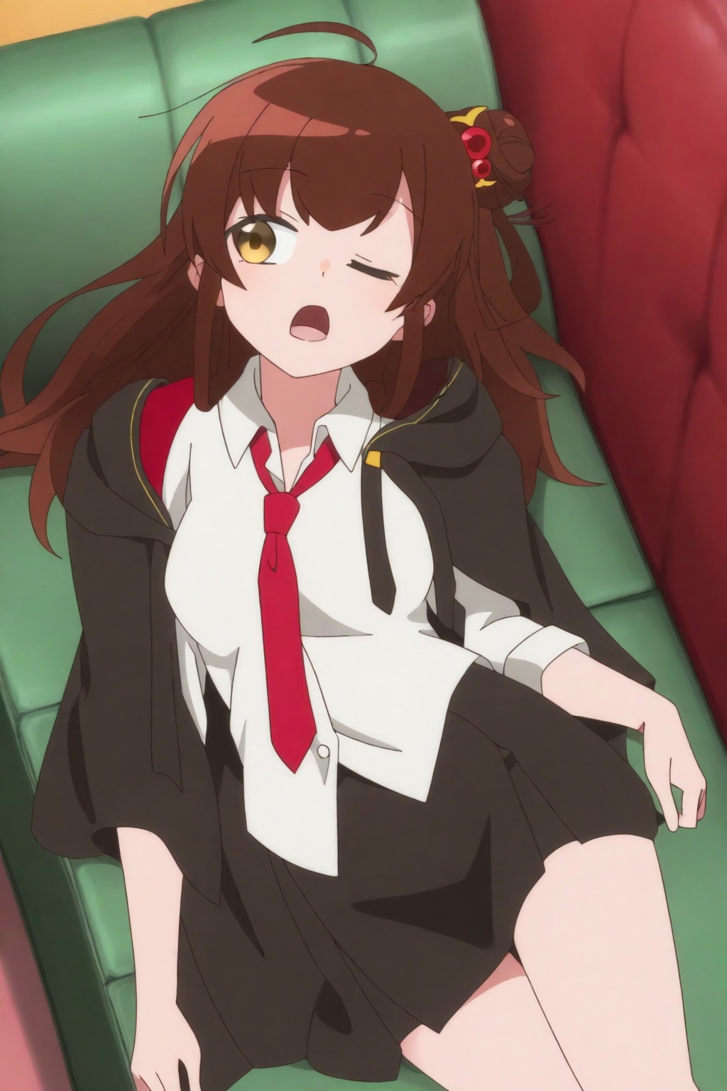 Megu Razuberī,Megu Razuberī, 1girl, solo, brown hair, one eye closed, necktie, ahoge, couch, shirt, skirt, red necktie, open mouth, long hair, hair bun, white shirt, lying, hair ornament, black skirt