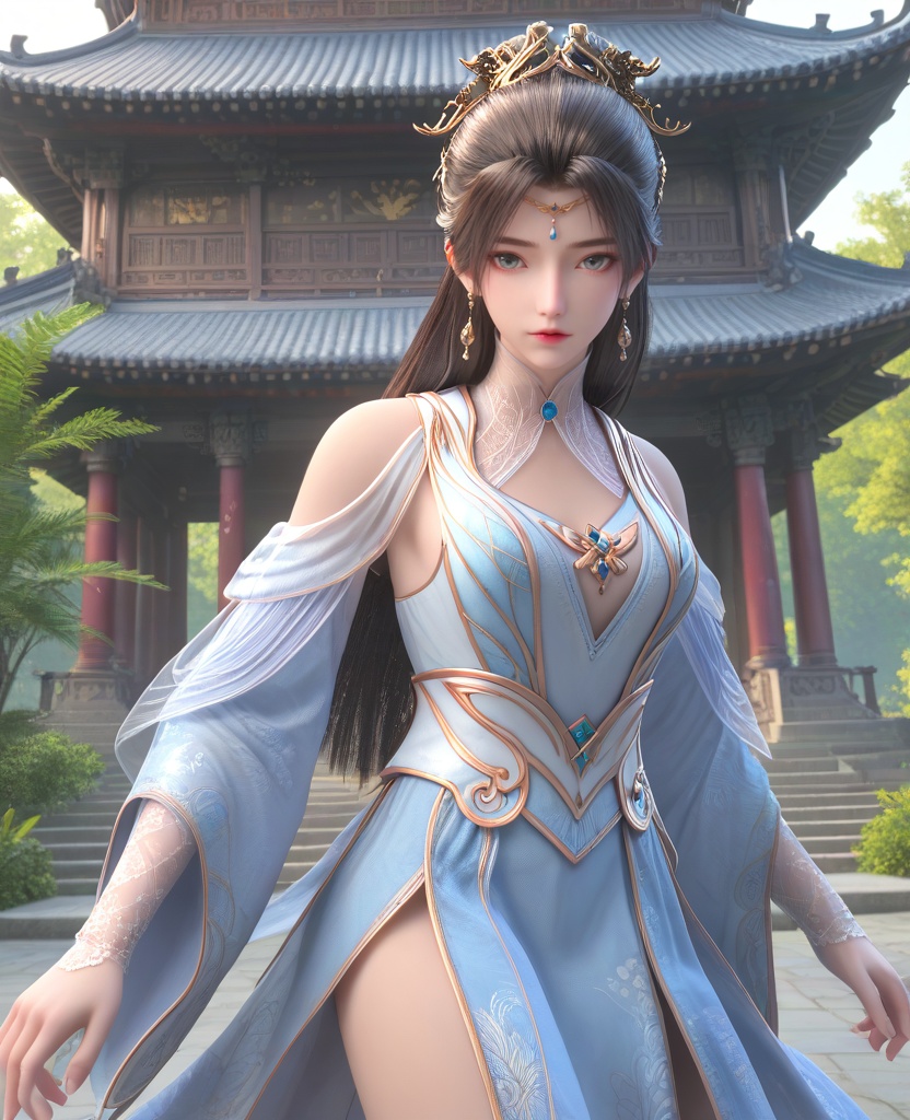 (oriental architecture, elegant decor, sophisticated style:1.1),(breakdance freeze:1.1),(breasts:1.2),<lora:XL16神墓雨馨:0.95>,miss yuxin,white blue tiered dress,blue eyes,black hair,traditional chinese updo with long cascading hair,hair ornament,jewelry,earrings,sash,, score_9,score_8_up,score_7_up,score_6_up,score_5_up,score_4_up,3d rendering,tag1,tag2, Cinematic Lighting,backlighting,