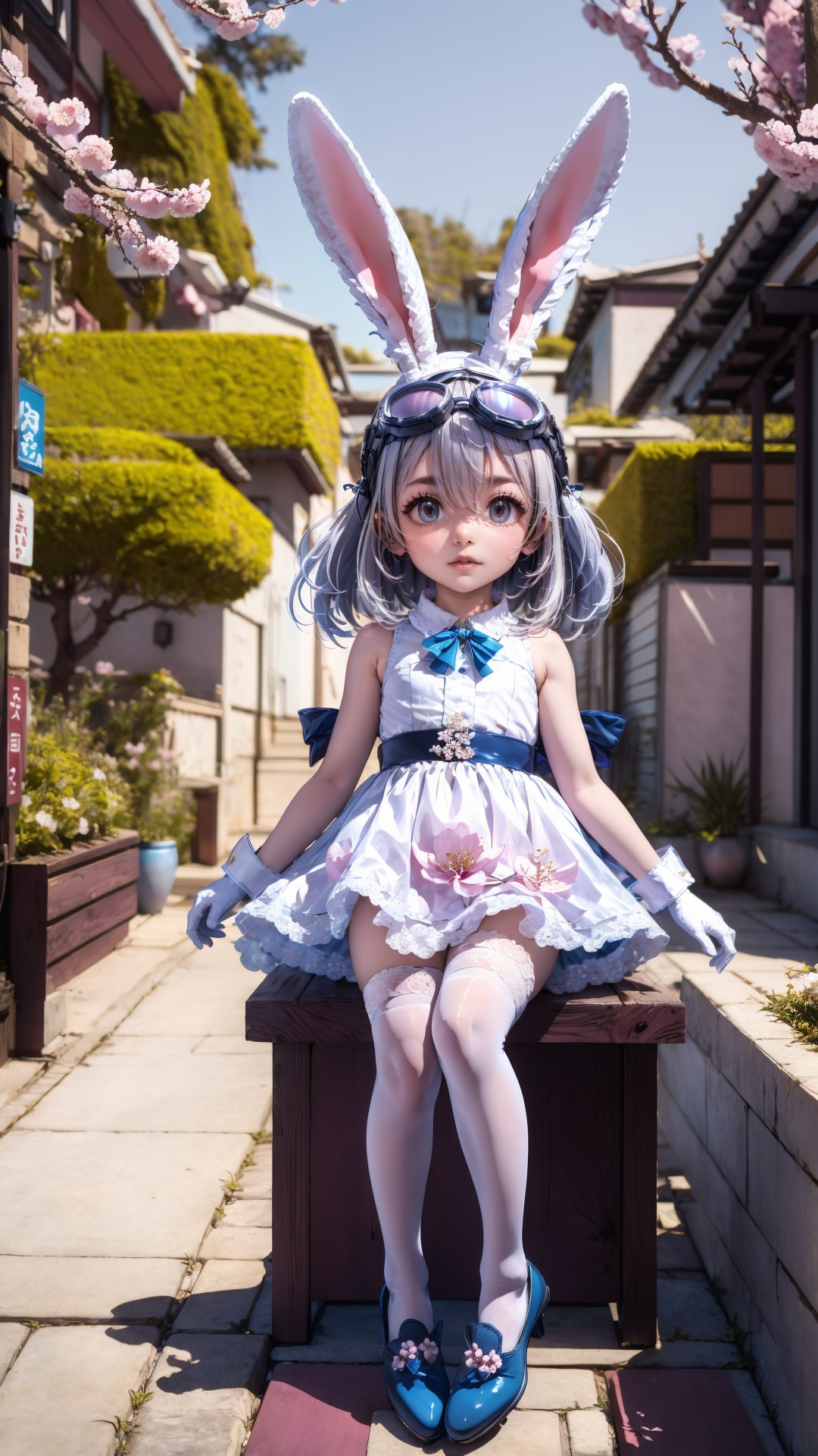 tutututu,1girl,solo,wrist cuffs,rabbit ears,white dress,white gloves,blue footwear,goggles on head,sleeveless dress,bangs,blue bow,white hair,short hair,white thighhighs,<lora:lihaigeQ-000006:0.9>,masterpiece,best quality,summer,seaside,fruit,full body,hat,long hair,looking at viewer,red flower,Plum blossoms,red plum blossoms,coconut trees,sitting,solo,sky,sun,mountain,forest,