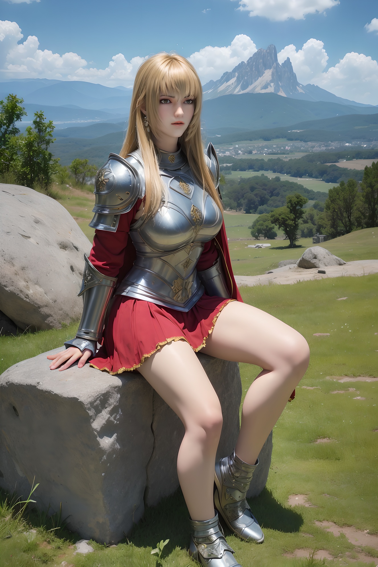 cloud, day, 1girl, sky, mountain, cloudy_sky, blue_sky, sitting, armor, outdoors, solo, landscape, horizon, long_hair, rock, grass, mountainous_horizon, lake, jewelry, earrings, skirt, river, blonde_hair, looking_at_viewer, scenery