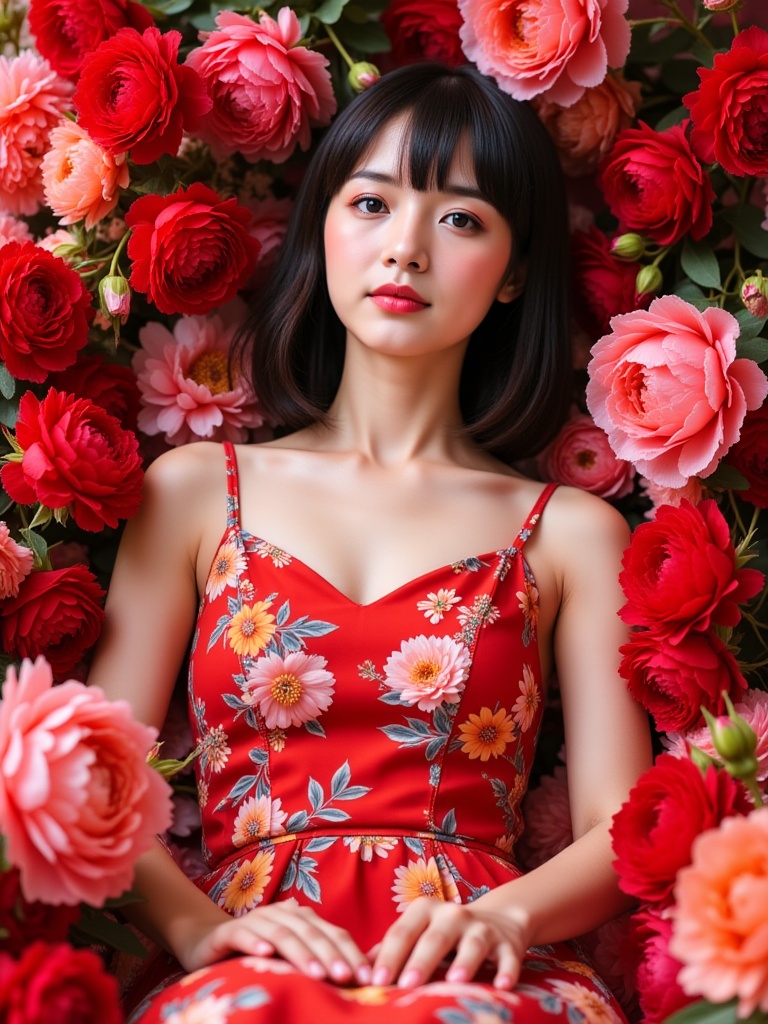 miluo_htjc,flowers,chick with fair skin and a shoulder-length bob rocking a red floral dress, chilling among vibrant roses and peonies. <lora:miluo丨极致人像丨花团锦簇-1.3:1>