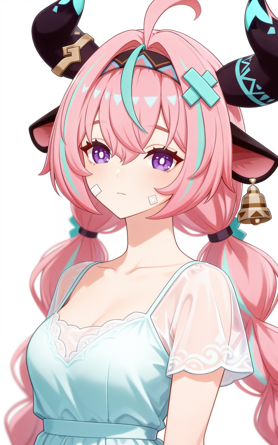 depth of field,masterpiece,best quality,very aesthetic,alternate costume,alternate costume,2024,2023,perfect composition,ultra-detailed,extreme aesthetic,masterpiece,best quality,good quality,newest,year 2024,year 2023,very aesthetic,absurdres,looking_at_viewer,colorful,white_background,simple background,upper_body,see-through,dress,<lora:瓦雷莎·衣服百搭款ILL:0.8>,varesa \(genshin impact\),ahoge,cow horns,cow ears,cow girl,pink hair,streaked hair,aqua hair,bandaid on face,hairband,purple eyes,twin braids,low twintails,hair_ornament,x hair ornament,