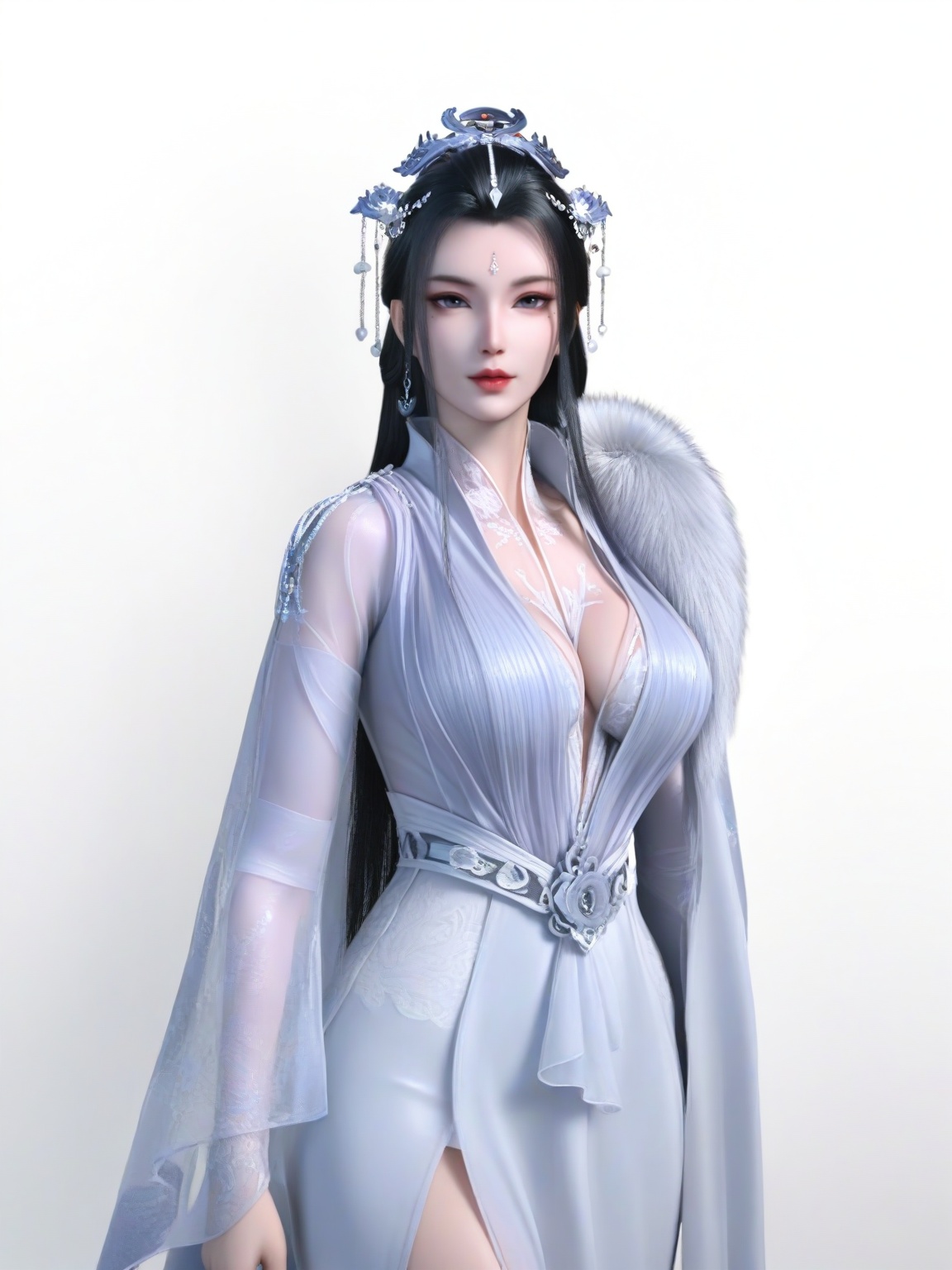 score_9,dress,black hair,long hair,hair ornament,forehead mark,1girl,breasts,large breasts,standing,solo,mole under eye,eyeshadow,fur,lipstick,white background, looking at viewer,cowboy_shot,<lora:SF_YueYao_Pony_Realism2.3-000003:0.7>,