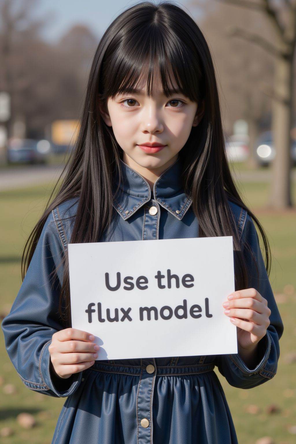 young girl,full body,black hair,dress,outdoors,holding a sign with text "Use the flux model",