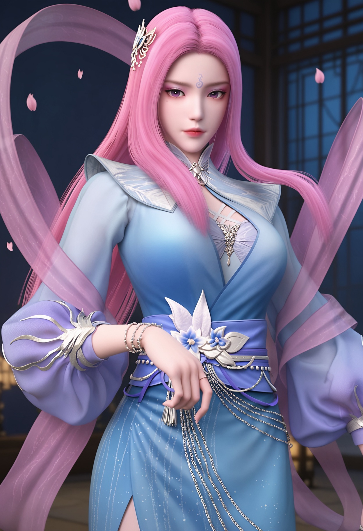 (cowboy shot:1.2),looking at viewer:1.1,masterpiece,(best quality),smog,Dark room,dim lighting,peach blossom,falling petals,<lora:YQ_Illustrious光辉v5_玄月_V1:0.8>,q1528437228,1girl,long hair,pink hair,solo,forehead mark,dress,hair ornament,blue dress,jewelry,sash,purple eyes,bracelet,pink eyes,shawl,long sleeves,hagoromo,