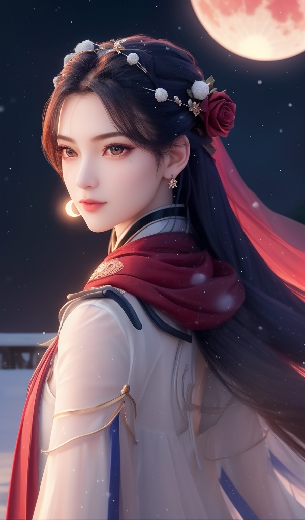 (,1girl, ,best quality, ),looking at viewer, <lora:381-DA-武动乾坤-绫清竹-新模:0.8> ,, ,masterpiece, (( , )),, realistic,science fiction,mole, ultra realistic 8k cg, ,tamari \(flawless\),     ,outdoors, snow, snowing, snow on head, sun,sunset,sunlight,moonlight,full moon, red moon,  crescent moon,  crescent rose,  black rose,       (()), (),