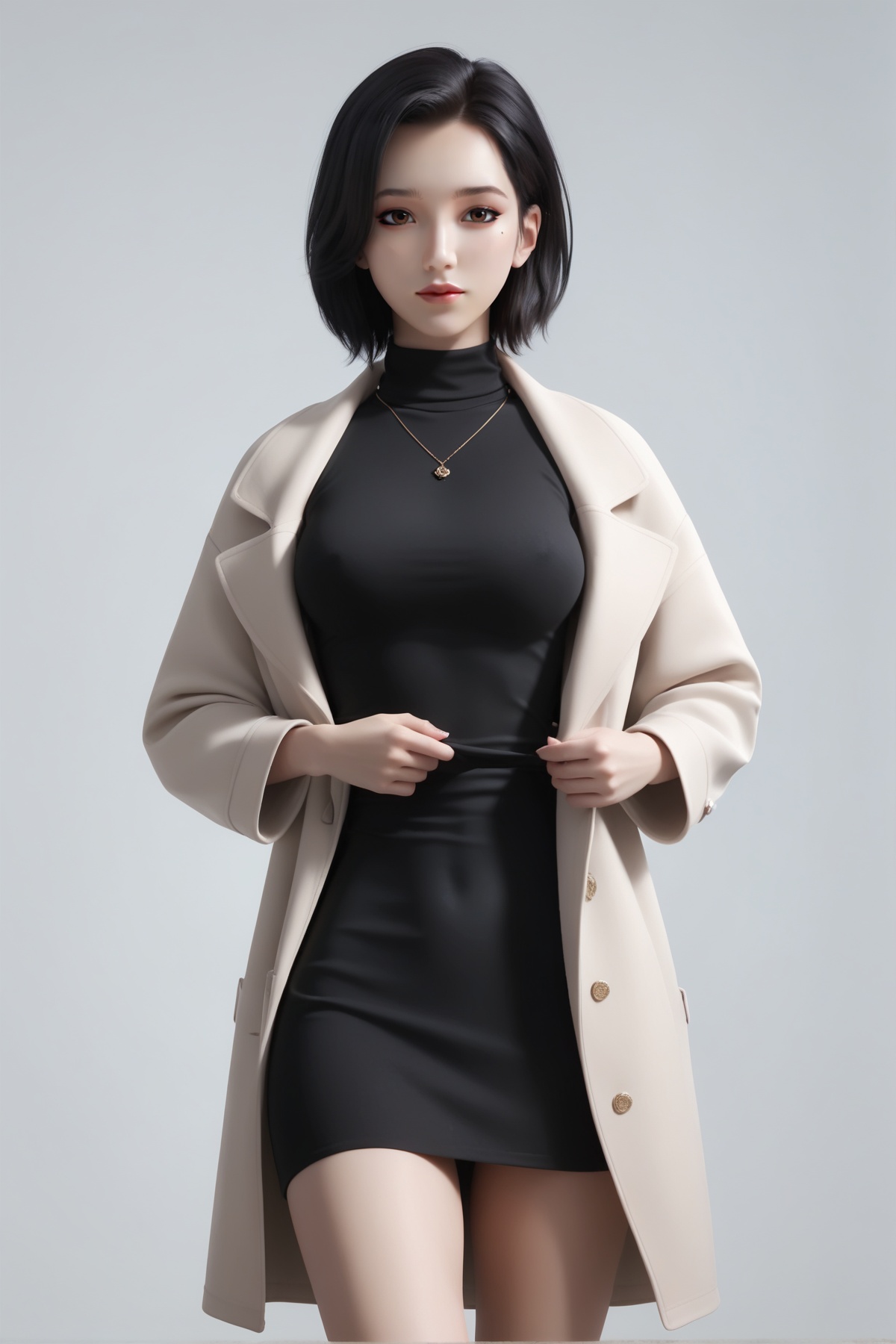 score_9,score_8_up,score_7_up,<lora:wy_nvjizhe_XL7.0:0.8>,1girl,short hair,breast,medium breasts,dress,black hair,brown eyes,simple background,white_background,realistic,looking at viewer,thick_thighs,wetting,sweat,dark,turtleneck,coat,black dress,solo focus,black_sweater,sweater,