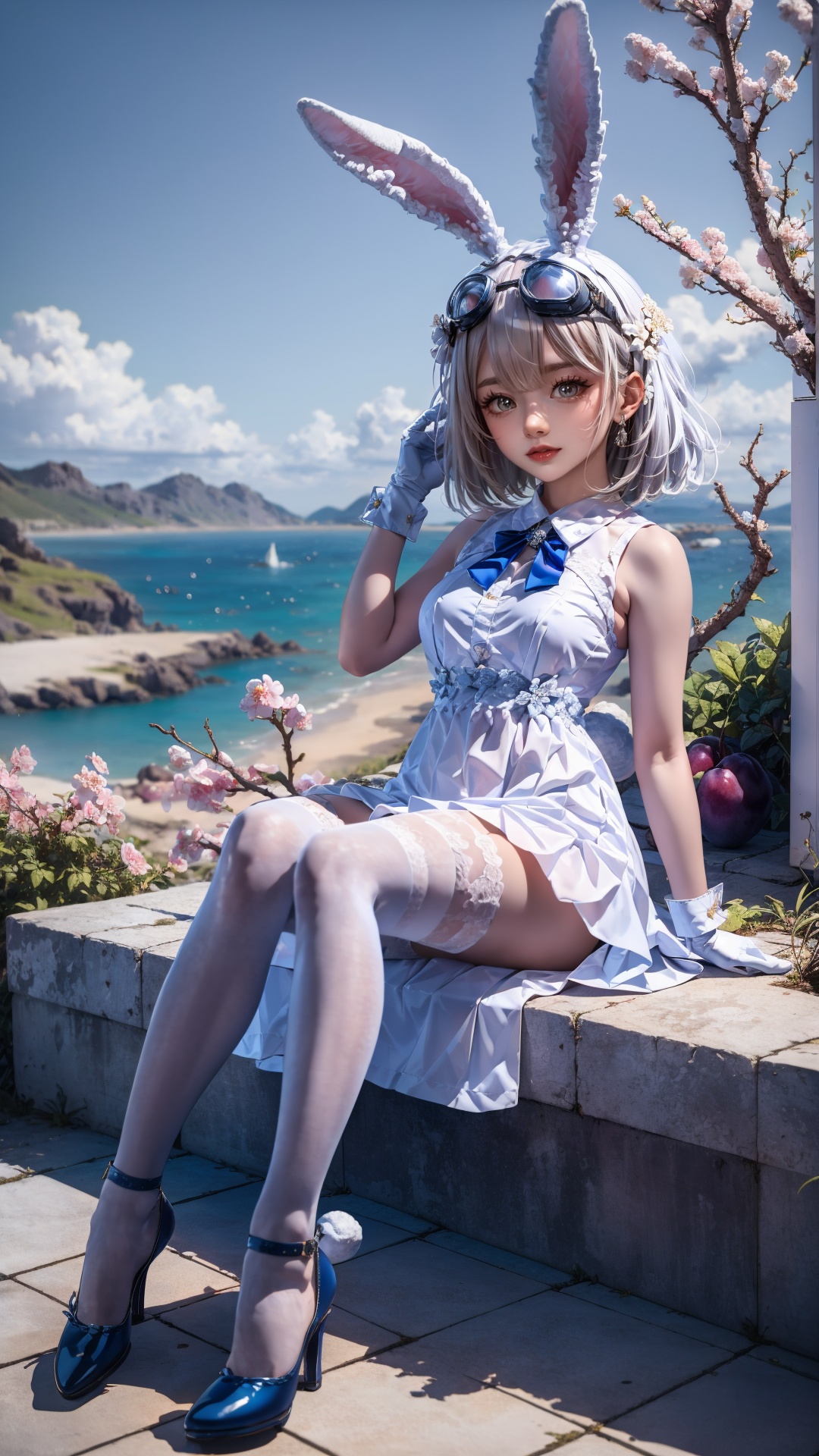 tutututu,1girl,solo,rabbit ears,white dress,white gloves,white thighhighs,blue footwear,goggles on head,sleeveless dress,bangs,blue bow,white hair,short hair,<lora:SY-000010:0.85>,masterpiece,best quality,summer,seaside,fruit,full body,hat,long hair,looking at viewer,red flower,Plum blossoms,red plum blossoms,coconut trees,sitting,solo,sky,sun,mountain,forest,