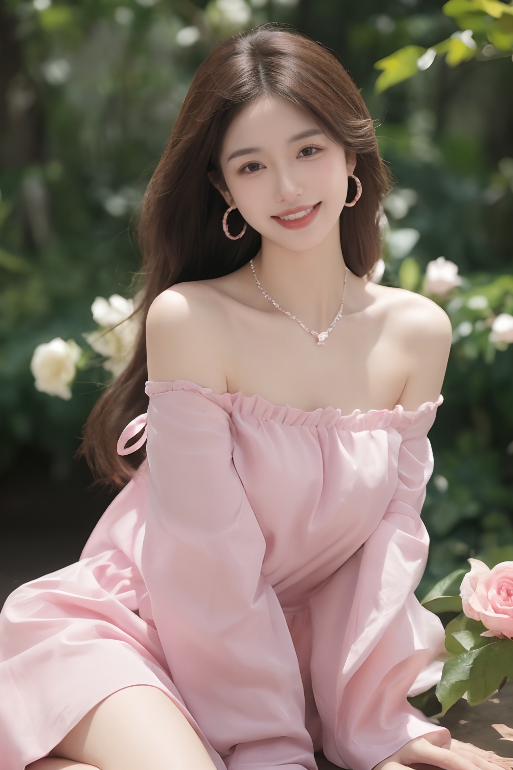 1girl,dress,flower,solo,brown hair,pink dress,sitting,rose,plant,(long hair:1.3),blurry,bare shoulders,pink flower,jewelry,pink rose,necklace,depth of field,off-shoulder dress,parted lips,off shoulder,breasts,looking at viewer,collarbone,lips,vines,strapless,princess,strapless dress,blurry foreground,full body,earrings,smile, <lora:sifang_20231118123505:0.6>
