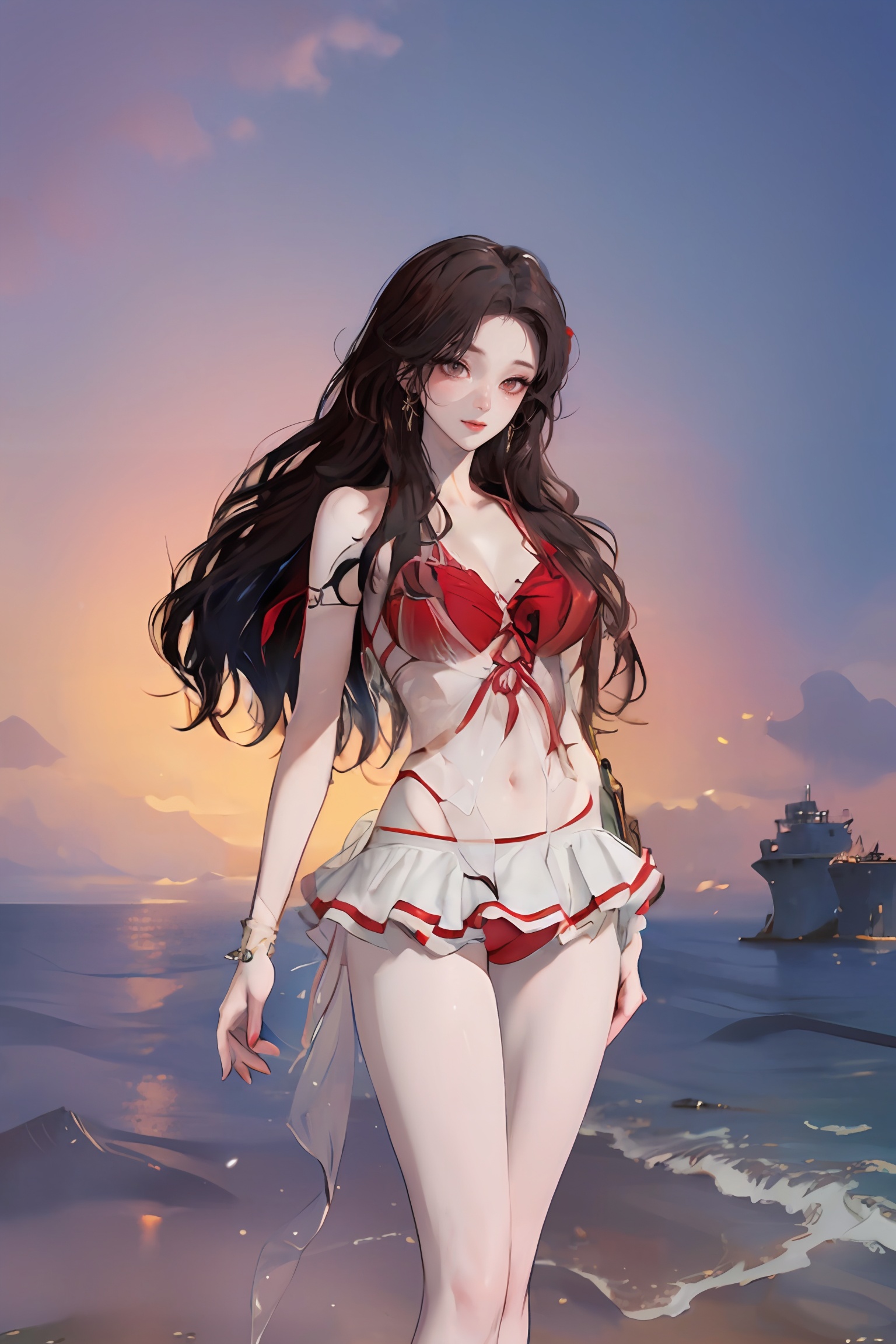 ((sfw:1.1)),((masterpiece, best quality, best shadow, official art, correct body proportions, Ultra High Definition Picture, master composition)),(best hands details:1.4),yulinglongyongzhuang,1girl,solo,mature female,perfect body,shiny skin,breasts,narrow waist,wide hips,makeup,seductive_smile,curvy,seductive posture,perfect leg curves,(in summer:1.1),outdoors,(day:1.1),seaside,ocean,beach,looking_at_viewer,(cowboy_shot),on the beach,over the sea,