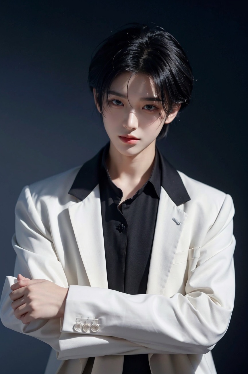 solo, male focus, 1boy, realistic, looking at viewer, upper body, black hair, labcoat,lips, closed mouth, black eyes,<lora:YG男神:0.75>,