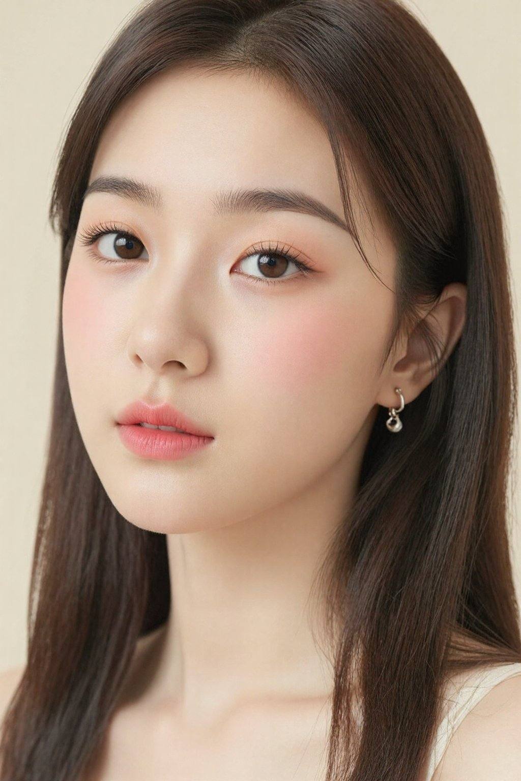 The image is a high-resolution photograph of an Asian woman taken close-up,  focusing on her face. The subject has smooth,...