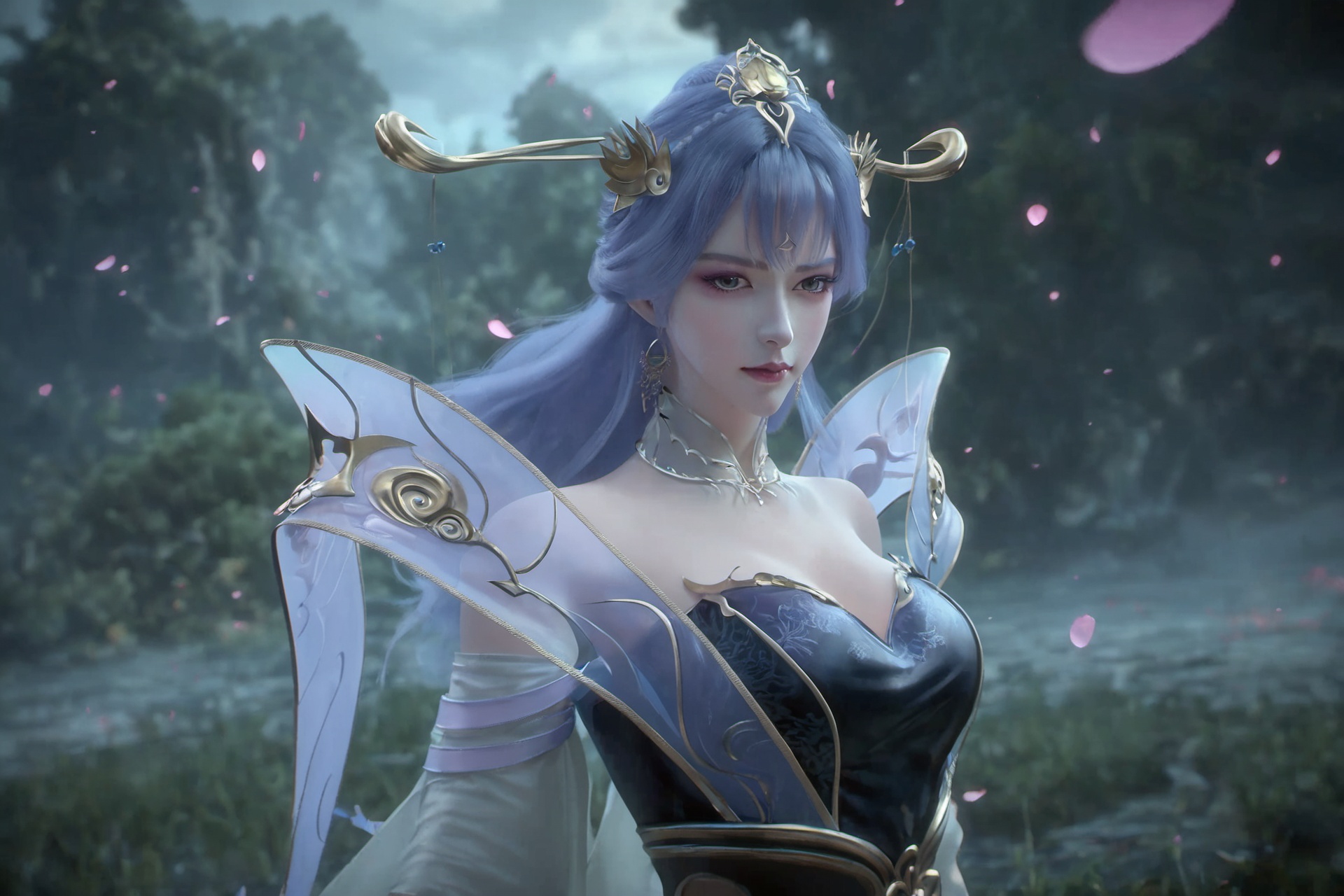 <lora:pony天穹v2:0.7>,(((tianqiong))),((cf)),1girl,solo,(hair ornament:1.4),upper body,score_9,score_8_up,score_7_up,XUER gufeng,<lora:绪儿古风XUER gufeng:0.35>,(mature female:1.2),(Mature face:1.2),looking at viewer,petals,grass,